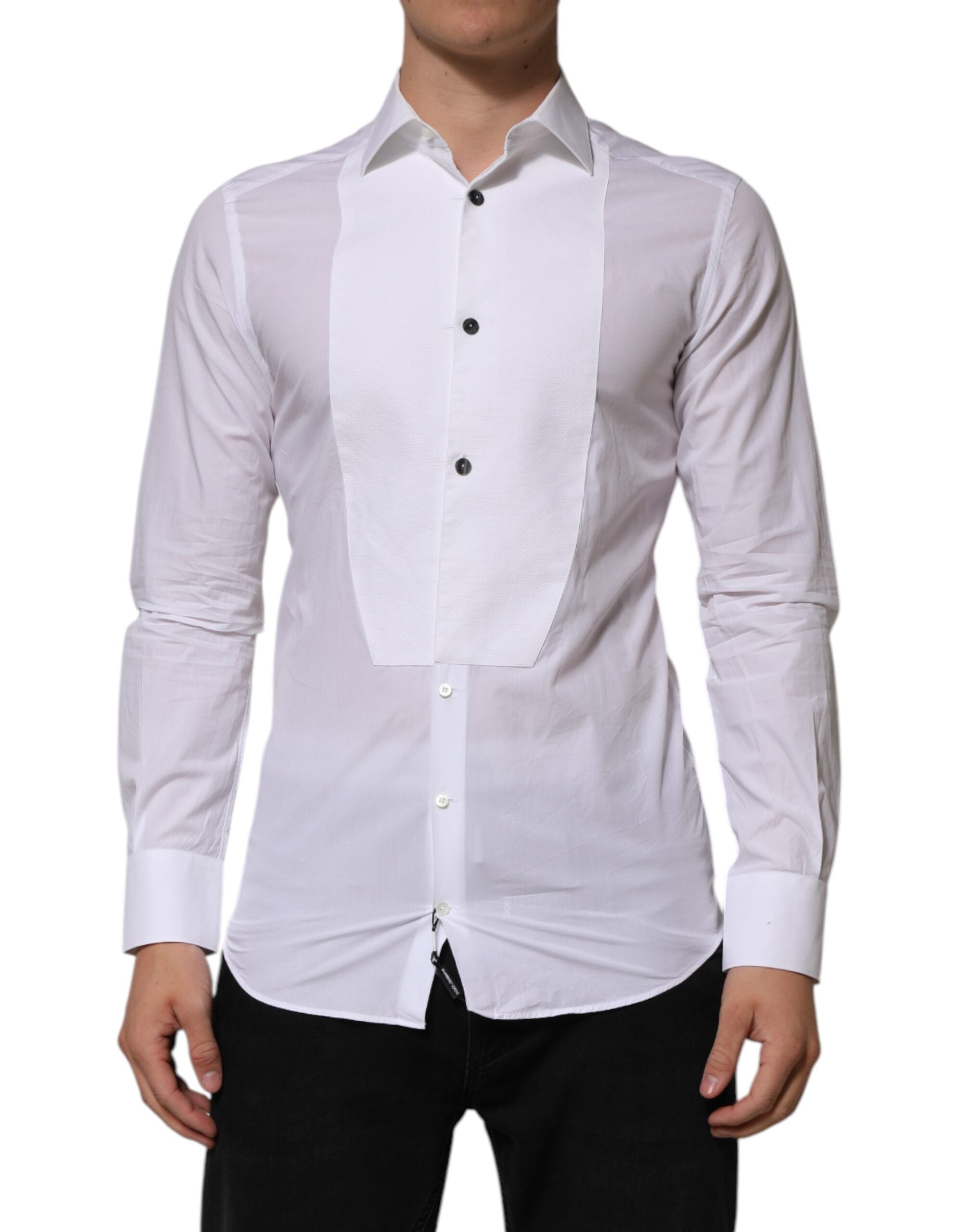 Chemise formelle blanche en coton popeline Dolce & Gabbana pour homme avec détails dorés, style élégant et sophistiqué.