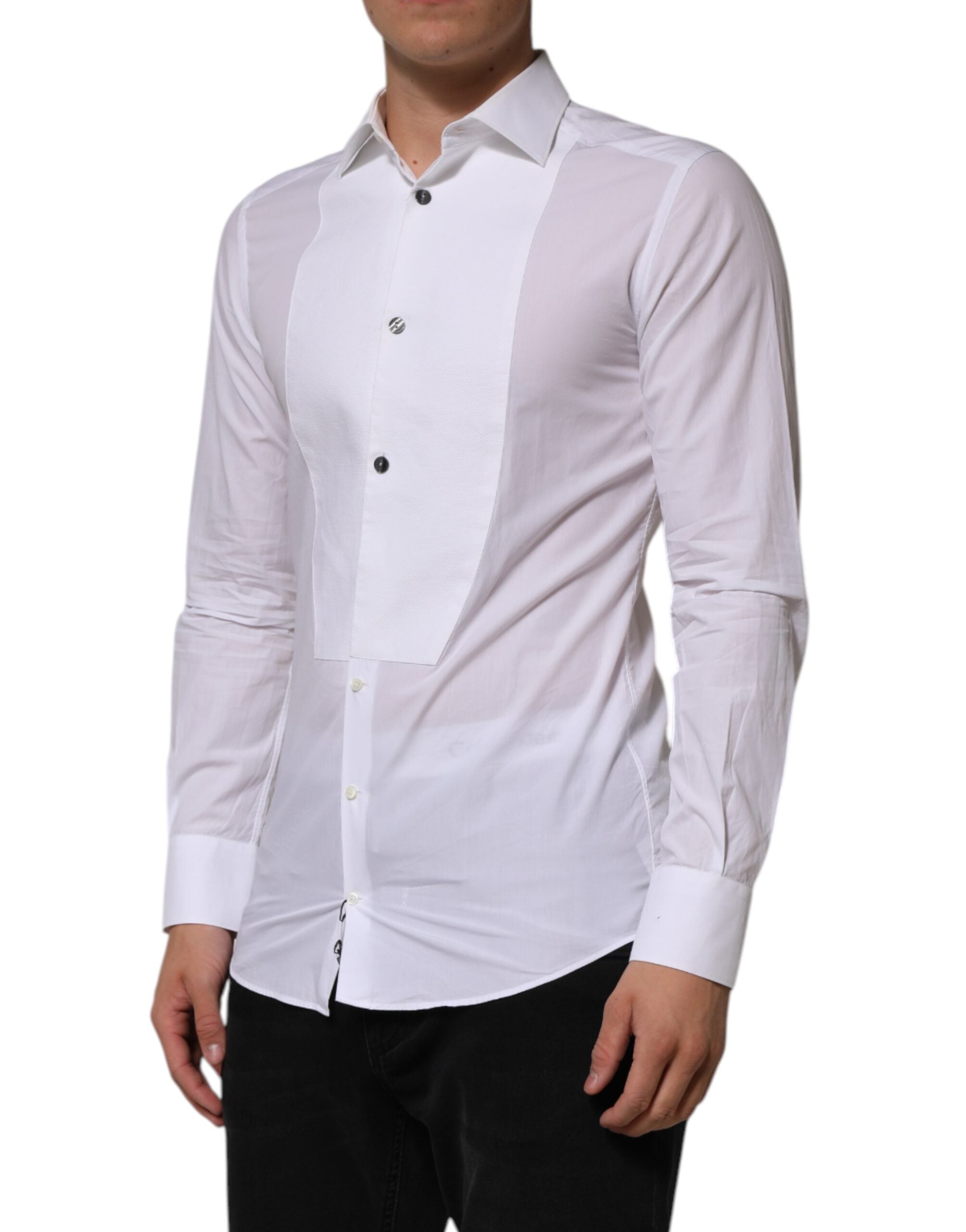 Chemise formelle blanche pour homme Dolce & Gabbana en coton popeline avec détails dorés, vue de face.