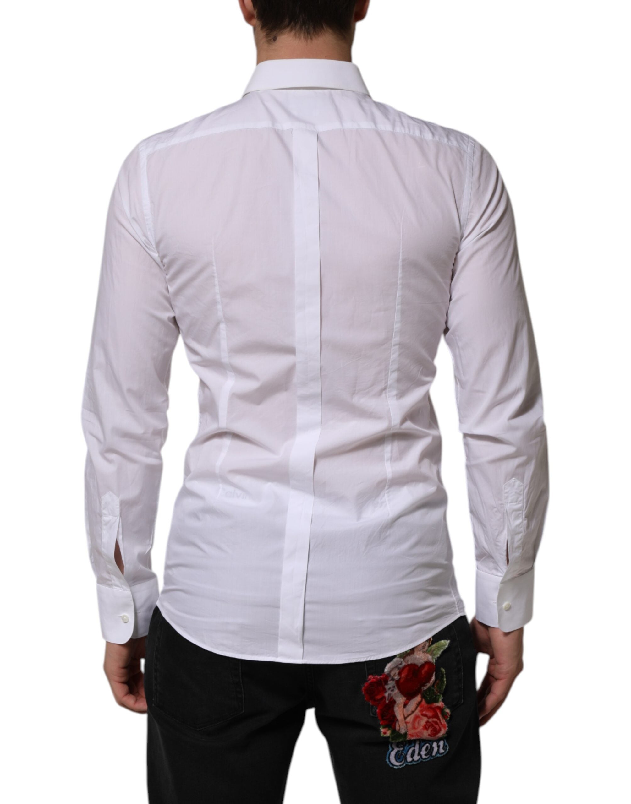 Chemise homme formelle blanche Dolce & Gabbana en coton popeline avec détails dorés, col classique et manches longues.