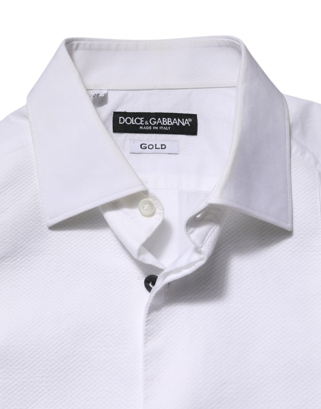 Chemise formelle blanche pour hommes Dolce & Gabbana en coton popeline avec détails en or, vue rapprochée du col et des boutons
