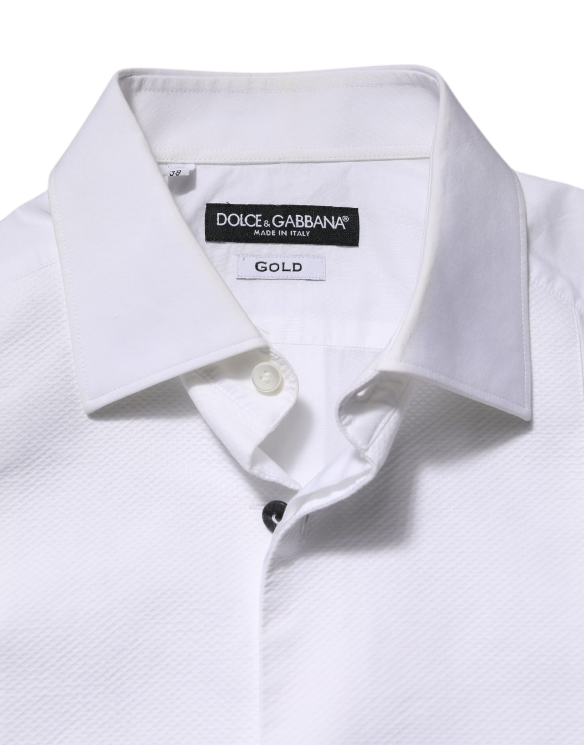 Chemise formelle blanche pour hommes Dolce & Gabbana en coton popeline avec détails en or, vue rapprochée du col et des boutons