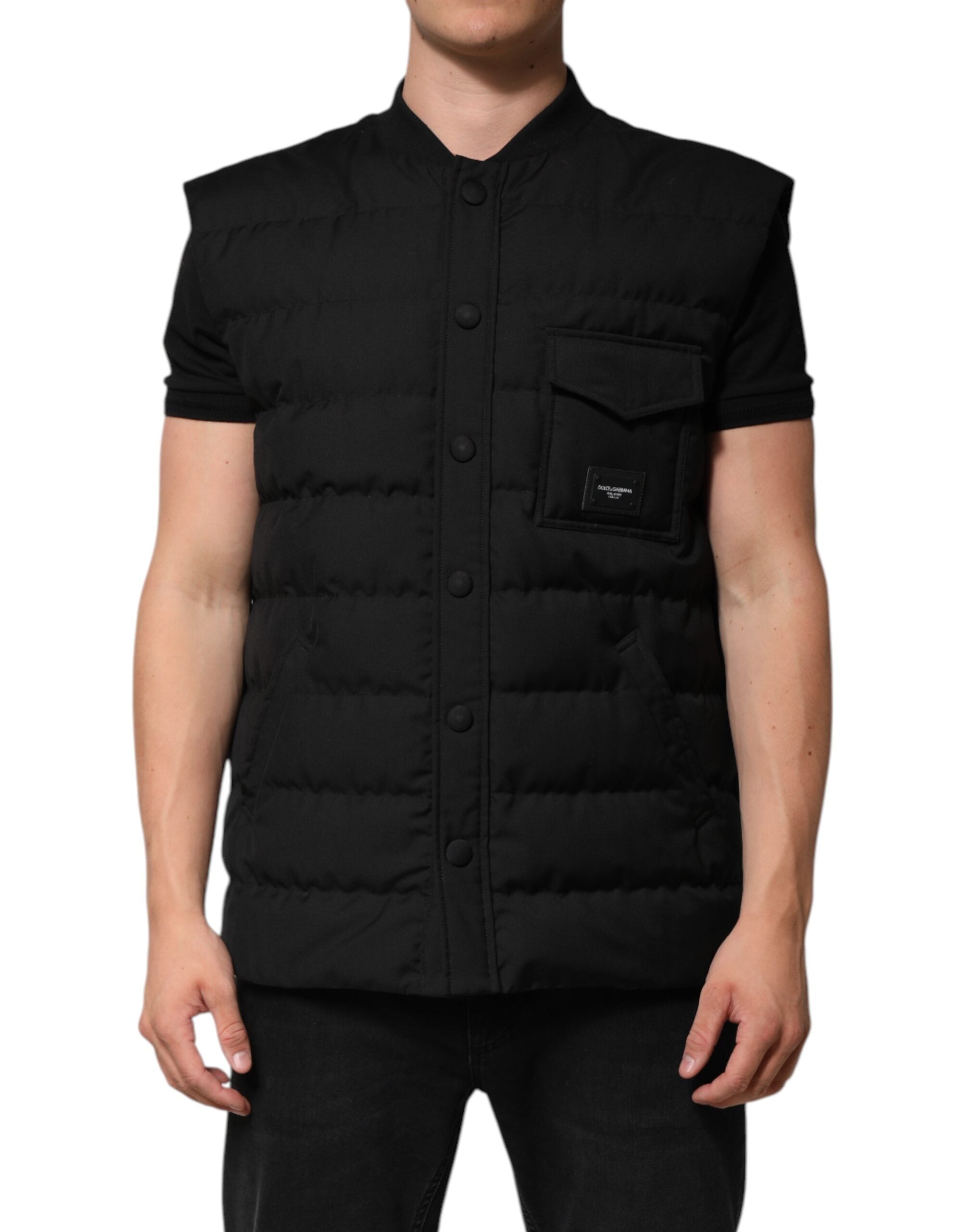 Veste sans manches noire Dolce & Gabbana parka avec logo et plaque de marque, mode élégante et moderne pour femme.