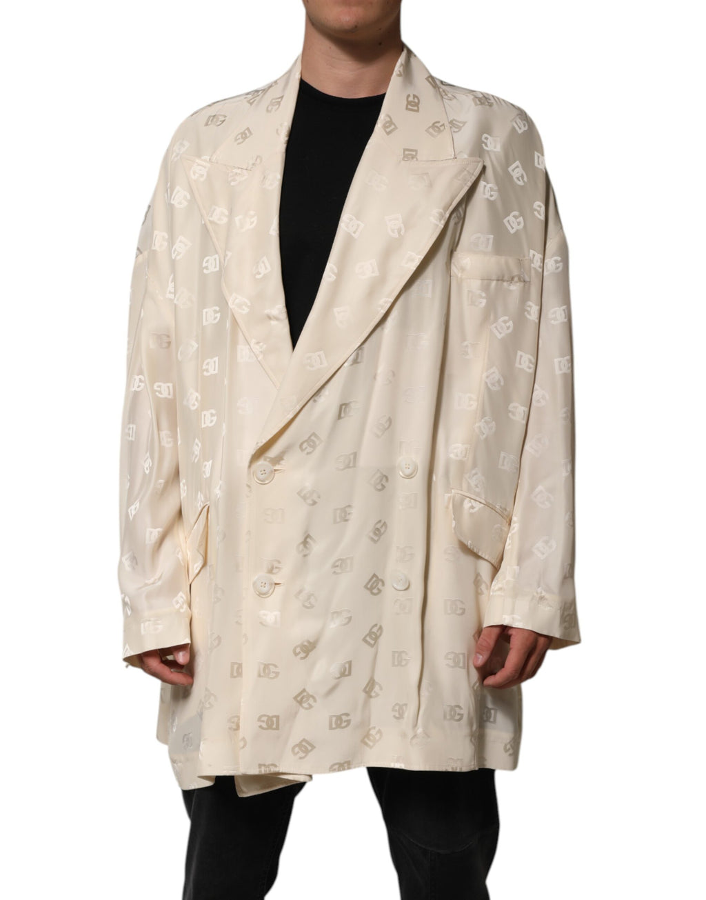 Manteau beige en polyester avec logo monogramme Dolce & Gabbana, veste élégante et classique pour femme.