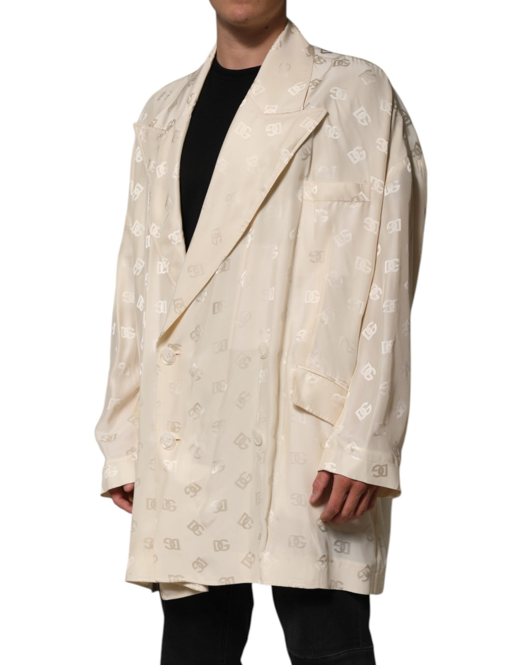 Manteau beige en polyester avec logo monogramme Dolce & Gabbana, veste élégante et décontractée.