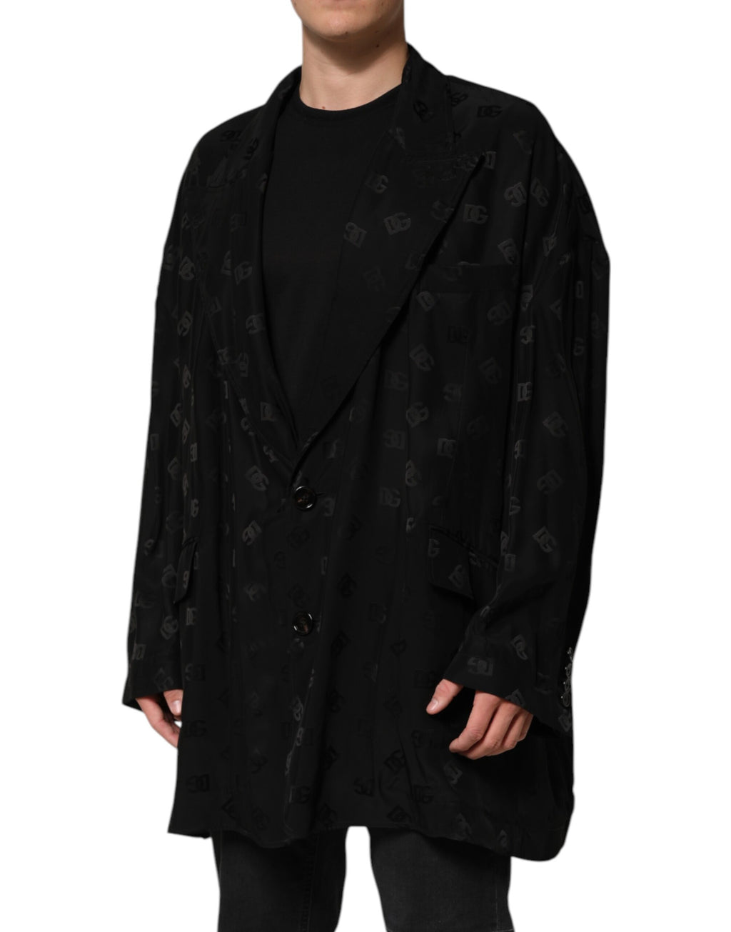 Manteau noir en polyester Dolce & Gabbana avec logo monogramme, veste élégante à col et manches longues.