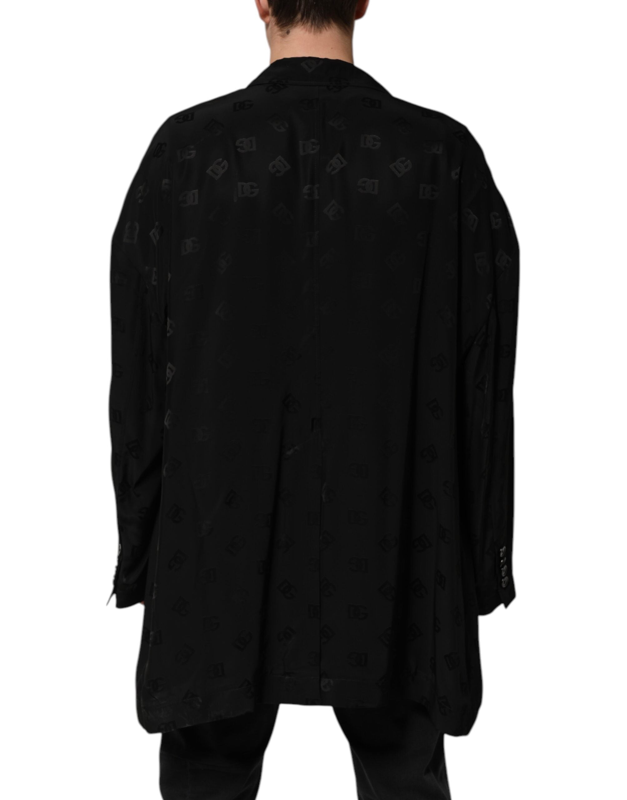 Manteau Dolce & Gabbana en polyester noir avec logo monogramme, coupe élégante et détails modernes.