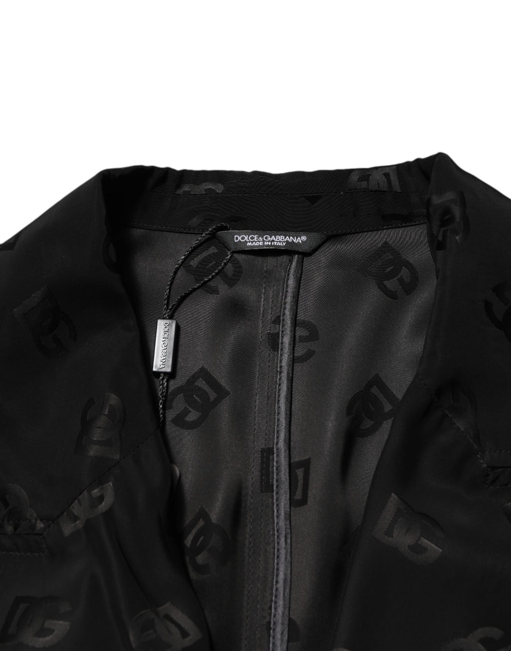 Manteau noir en polyester Dolce & Gabbana avec logo monogramme, veste élégante et tendance.