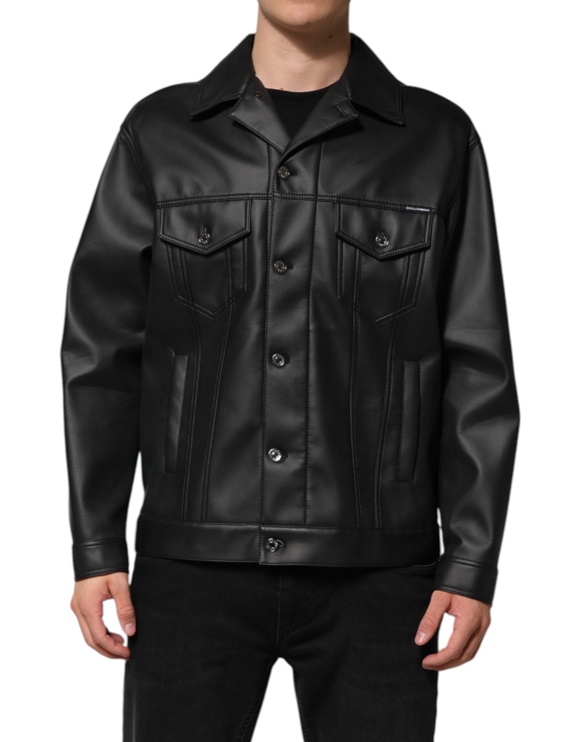 Veste en polyester noire Dolce & Gabbana style biker avec boutons, mode tendance et détails modernes.