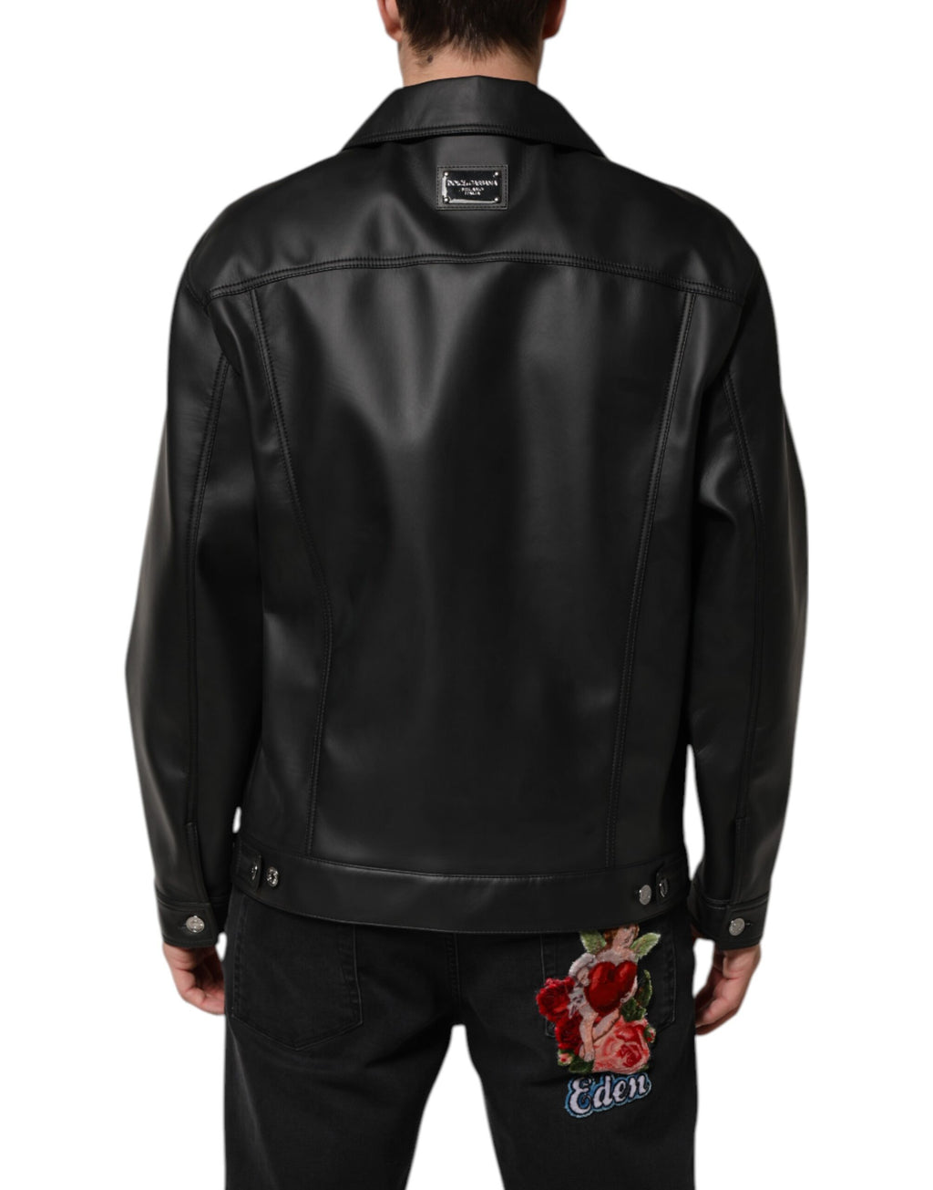 Veste en polyester noire Dolce & Gabbana à boutons, style blouson biker avec détails modernes et coupe ajustée.