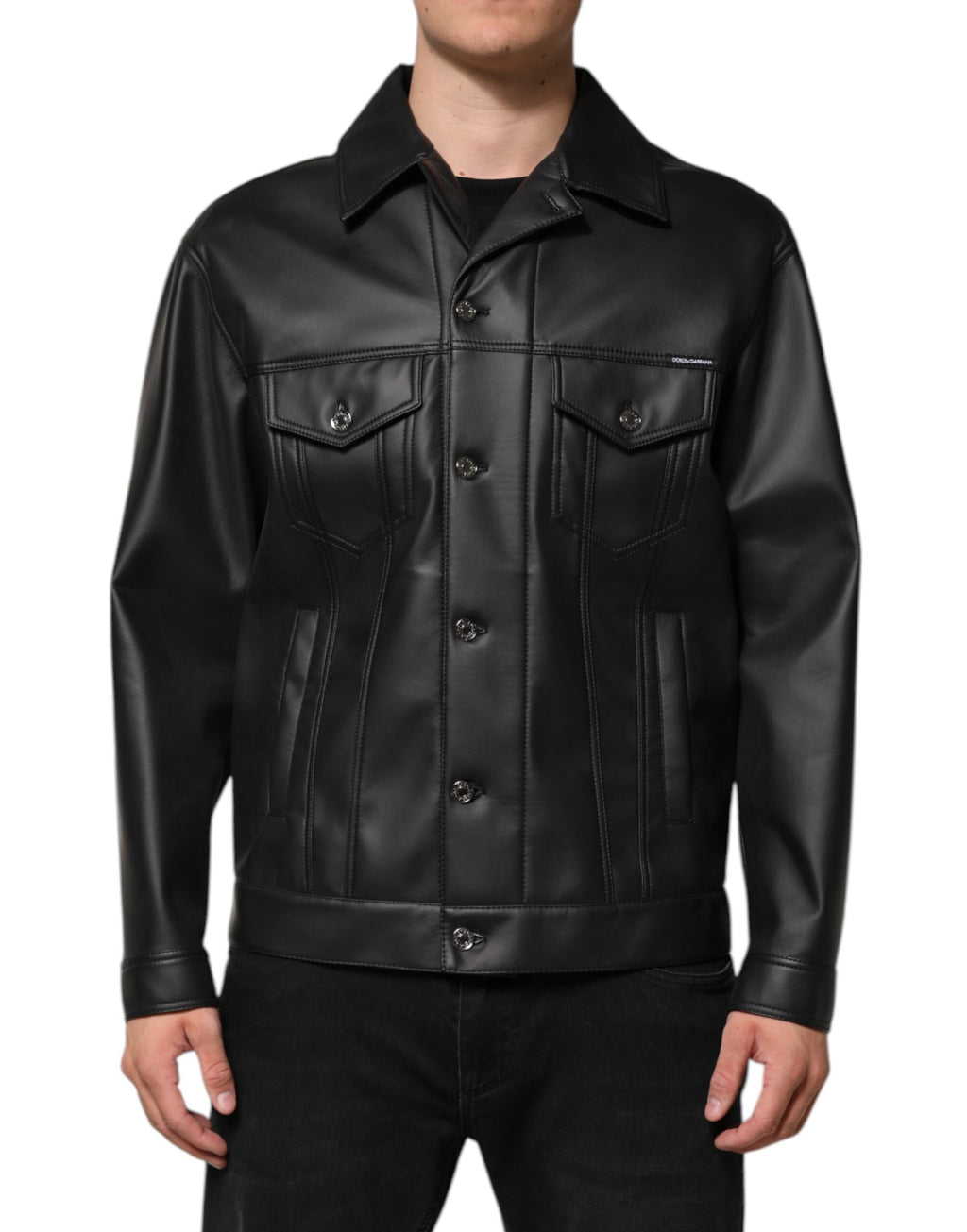 Veste en polyester noire Dolce & Gabbana, veste moto à boutons, style biker avec détails élégants et coupe moderne.