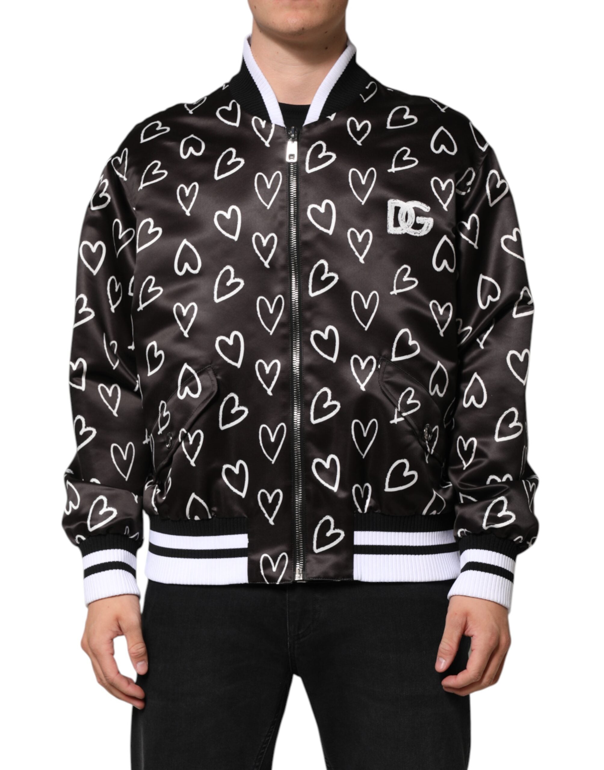 Veste bomber en polyester noir Dolce & Gabbana avec imprimé cœur, veste tendance pour homme ou femme.