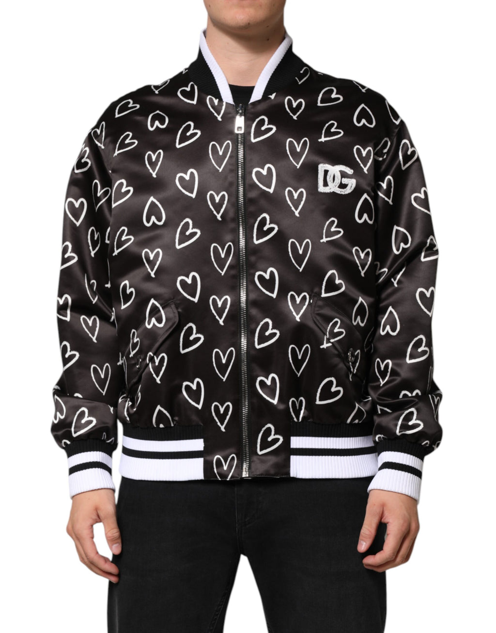 Veste bomber noire en polyester avec imprimé cœur, Dolce & Gabbana, style élégant et moderne pour femme.