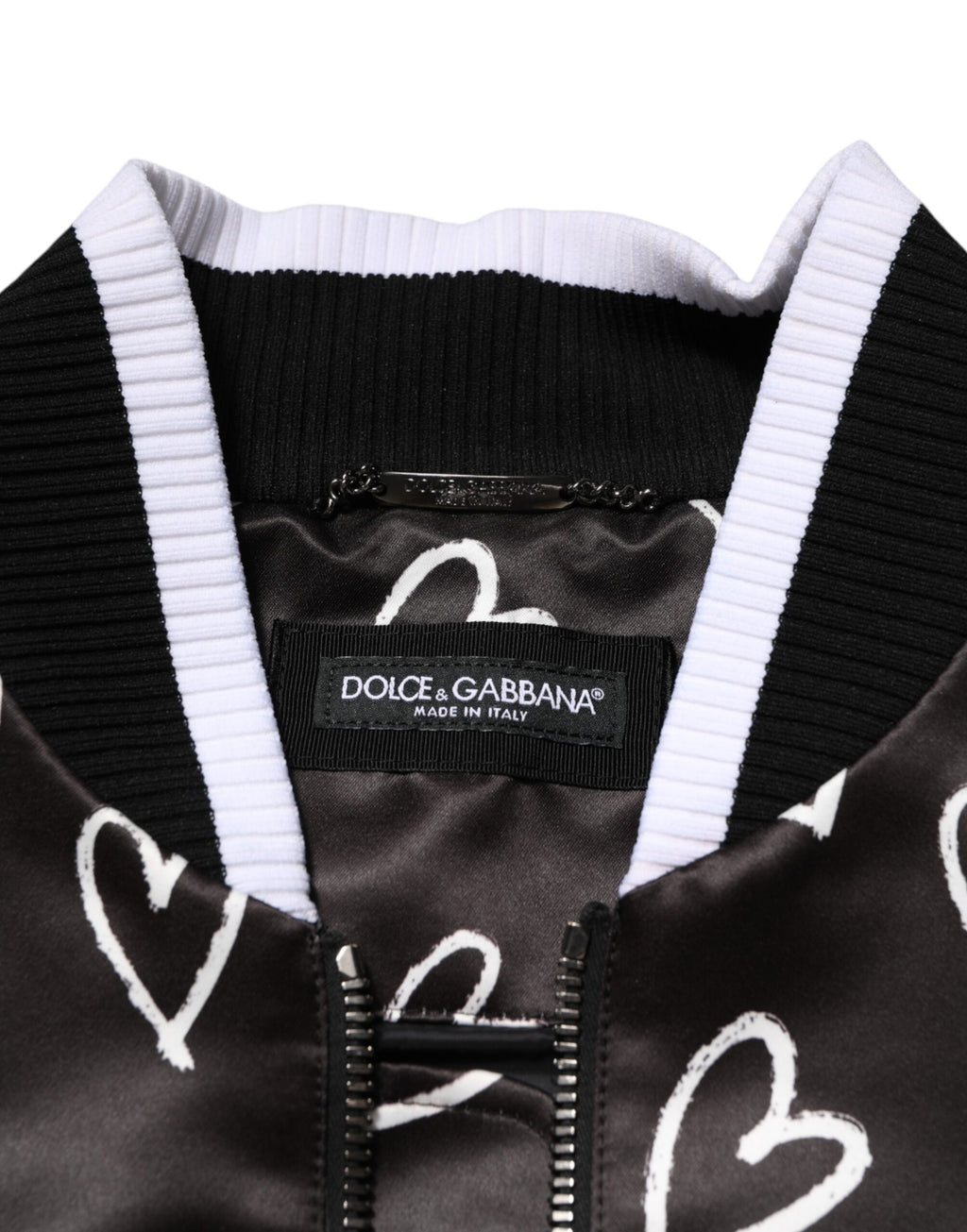 Veste bomber en polyester noir avec imprimé cœur de Dolce & Gabbana, style élégant et tendance.