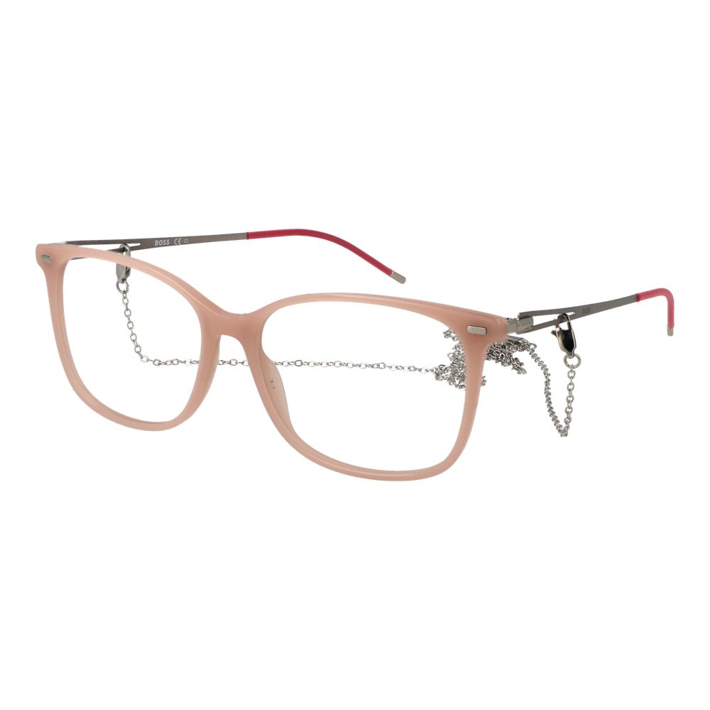 Lunettes en acétate beige de Hugo Boss, monture élégante pour homme, visibles en gros plan.