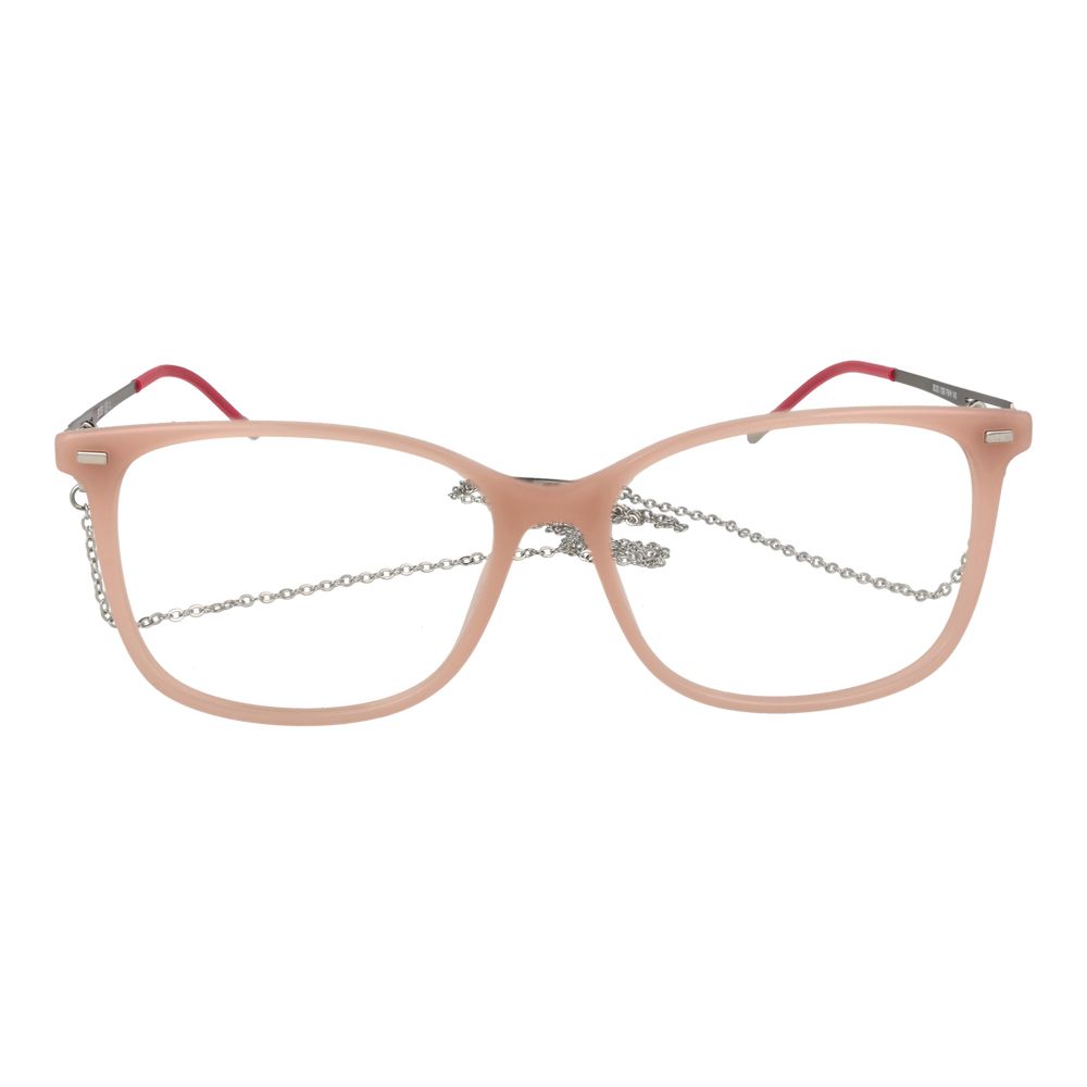 Lunettes en acétate beige de Hugo Boss avec monture élégante et moderne, visibles en gros plan dans l'image.