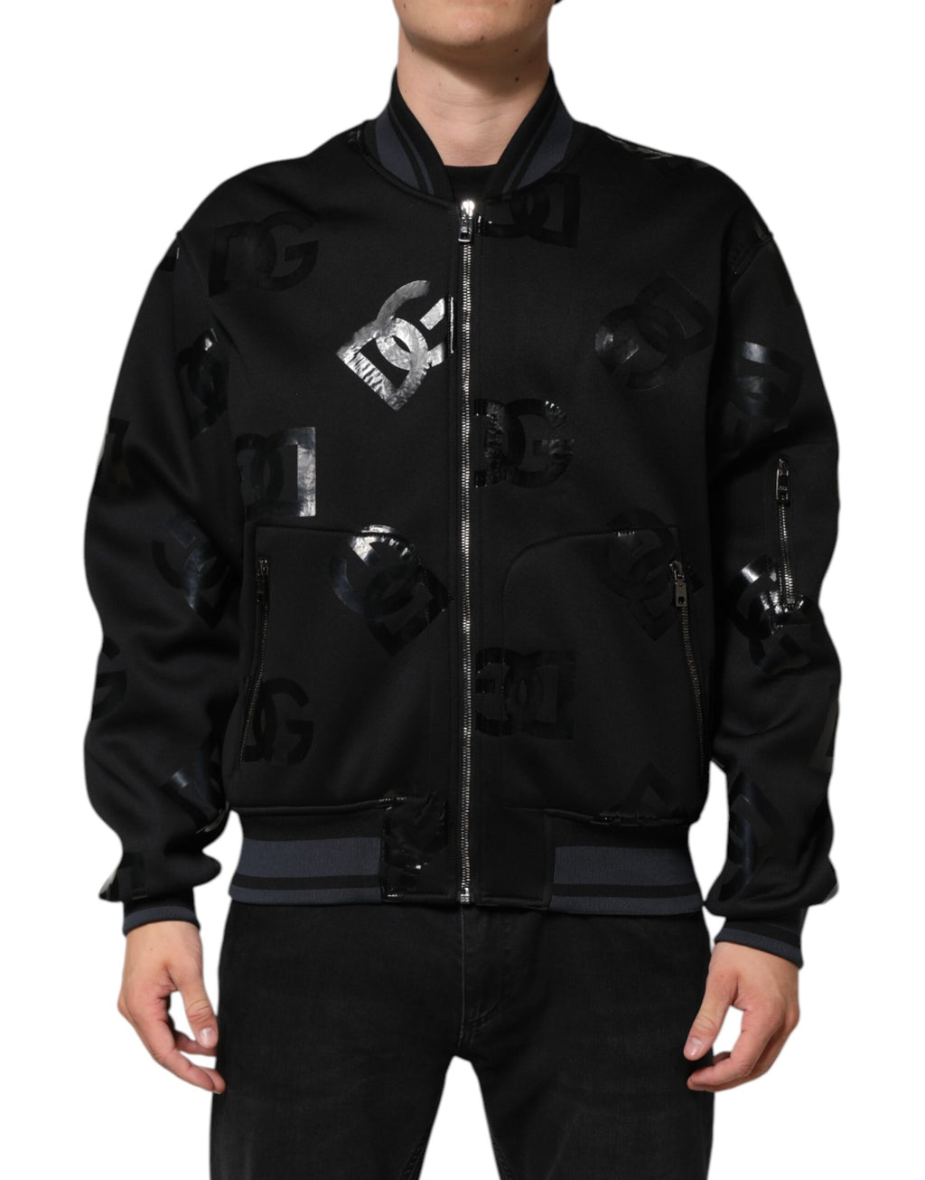Veste bomber en laine noire Dolce & Gabbana DG Mania pour homme, logo visible sur la poitrine, style élégant et décontracté.