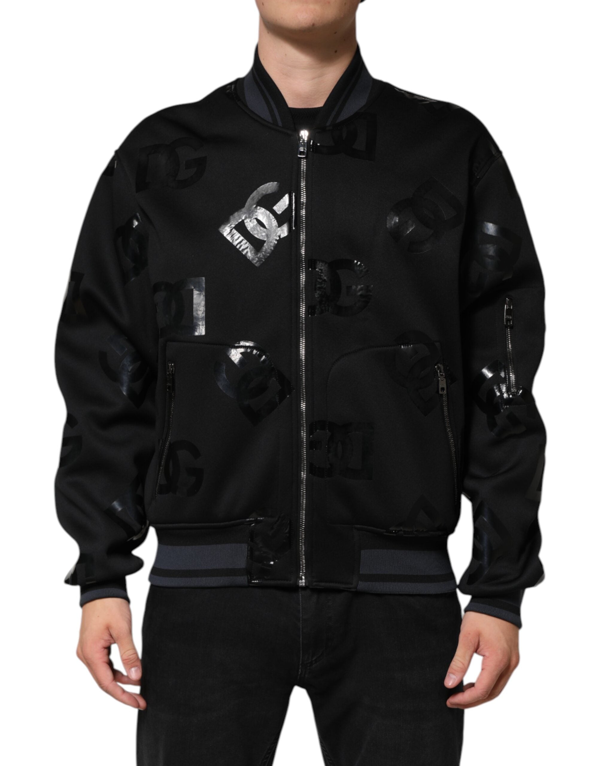 Veste bomber en laine noire Dolce & Gabbana DG Mania pour homme, logo visible sur la poitrine, style élégant et décontracté.