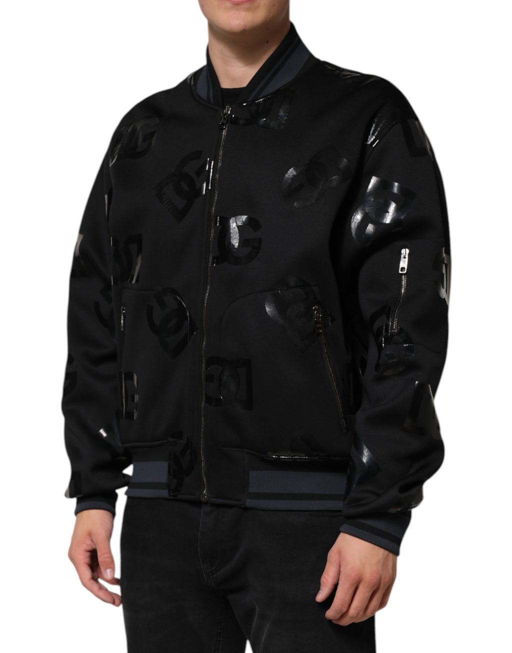 Veste bomber noire en laine Dolce & Gabbana DG Mania pour homme, logo visible, style élégant et moderne.