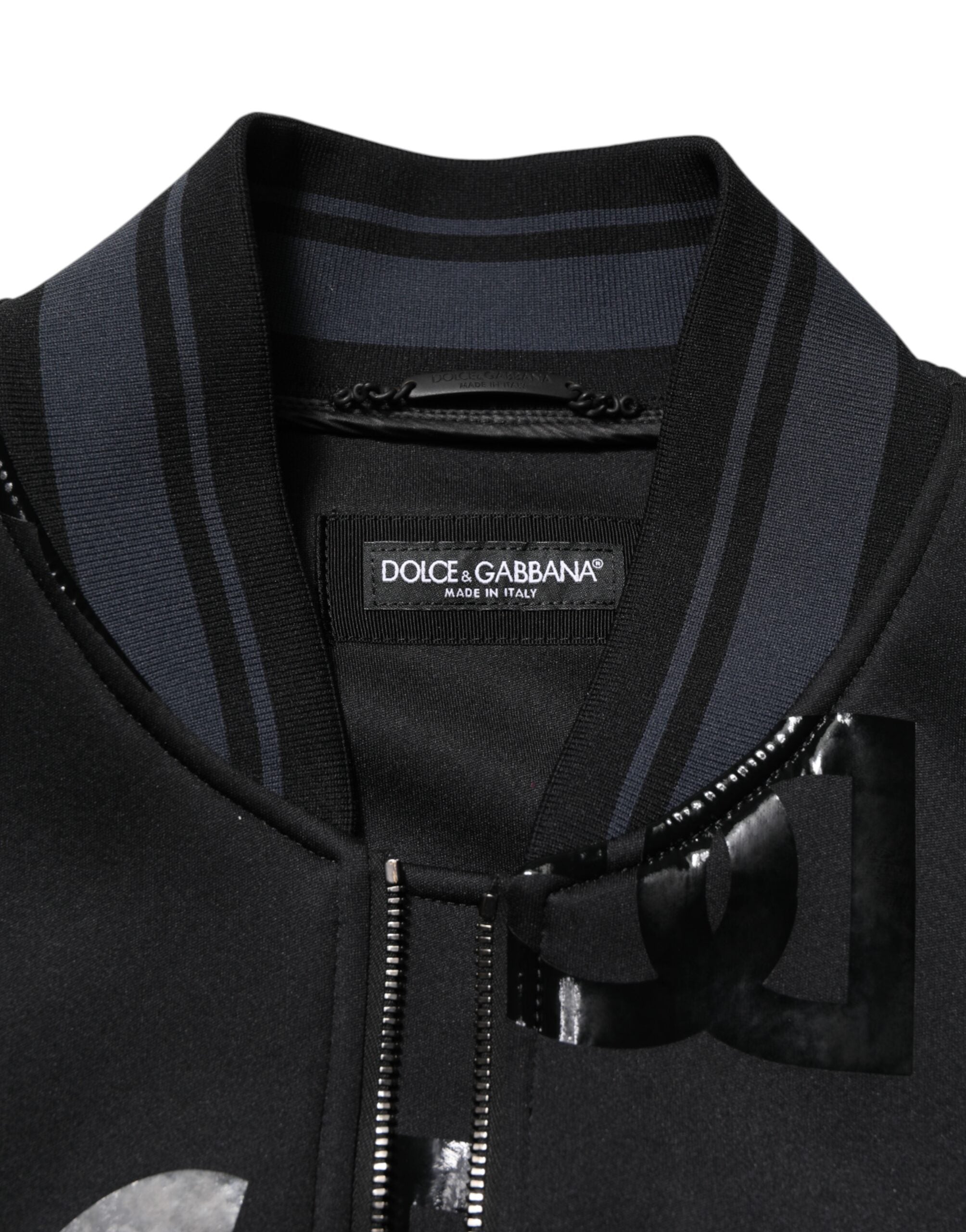 Veste bomber en laine noire Dolce & Gabbana DG Mania pour homme, logo Dolce & Gabbana visible sur la poitrine.