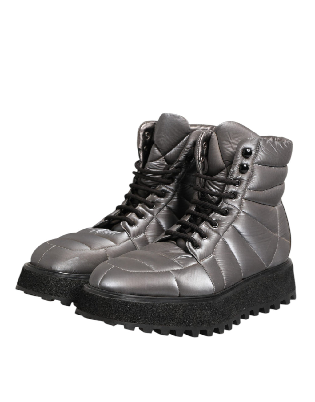 Bottes en cuir argenté Dolce & Gabbana, mi-mollet, à lacets, padding, chaussures élégantes et tendance.