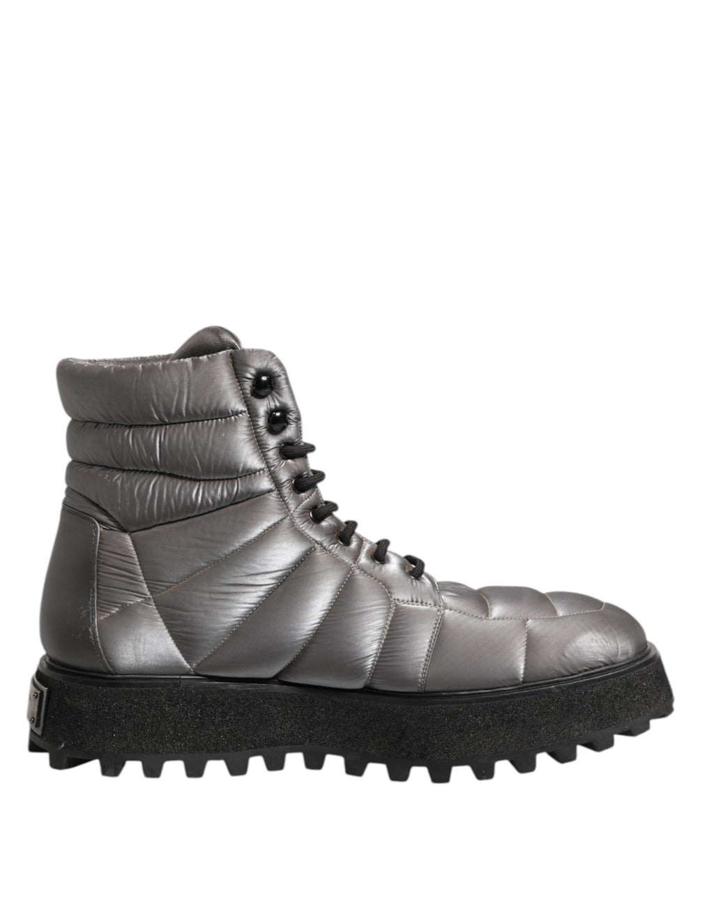 Bottes Dolce & Gabbana en argent, rembourrées, mi-mollet, avec lacets, chaussure de mode élégante et tendance.