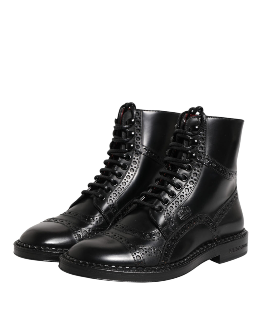 Bottes en cuir noir Dolce & Gabbana, mi-mollet, à lacets, chaussures élégantes pour femmes.