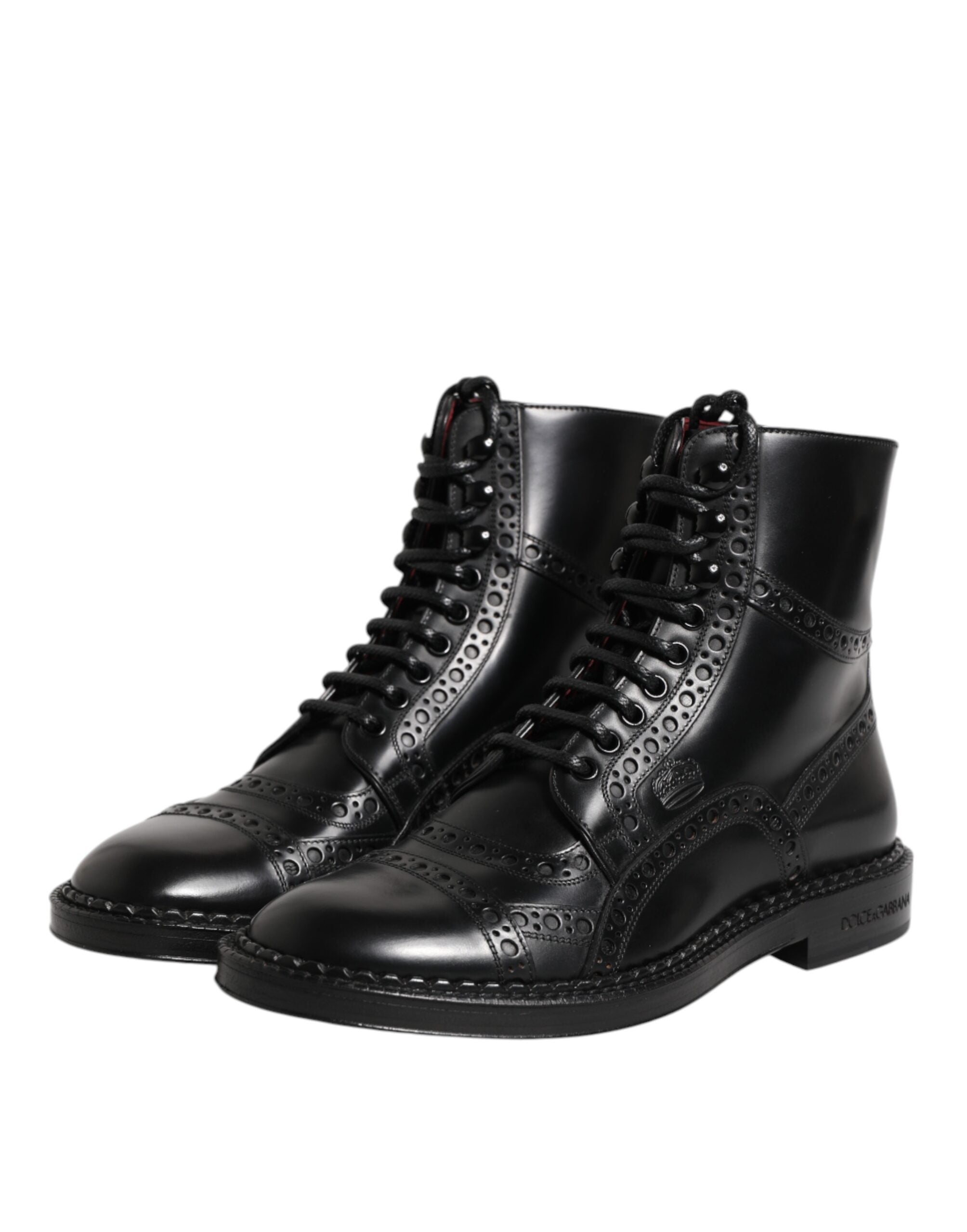 Bottes en cuir noir Dolce & Gabbana, mi-mollet, à lacets, chaussures élégantes pour femmes.