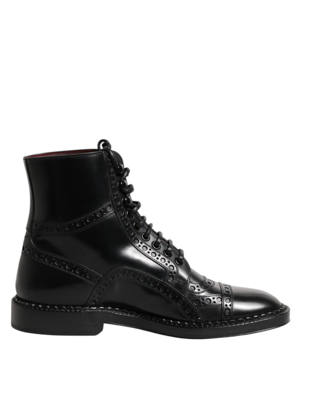 Bottes noires en cuir Dolce & Gabbana à lacets, mi-mollet, avec semelle en caoutchouc et design élégant.