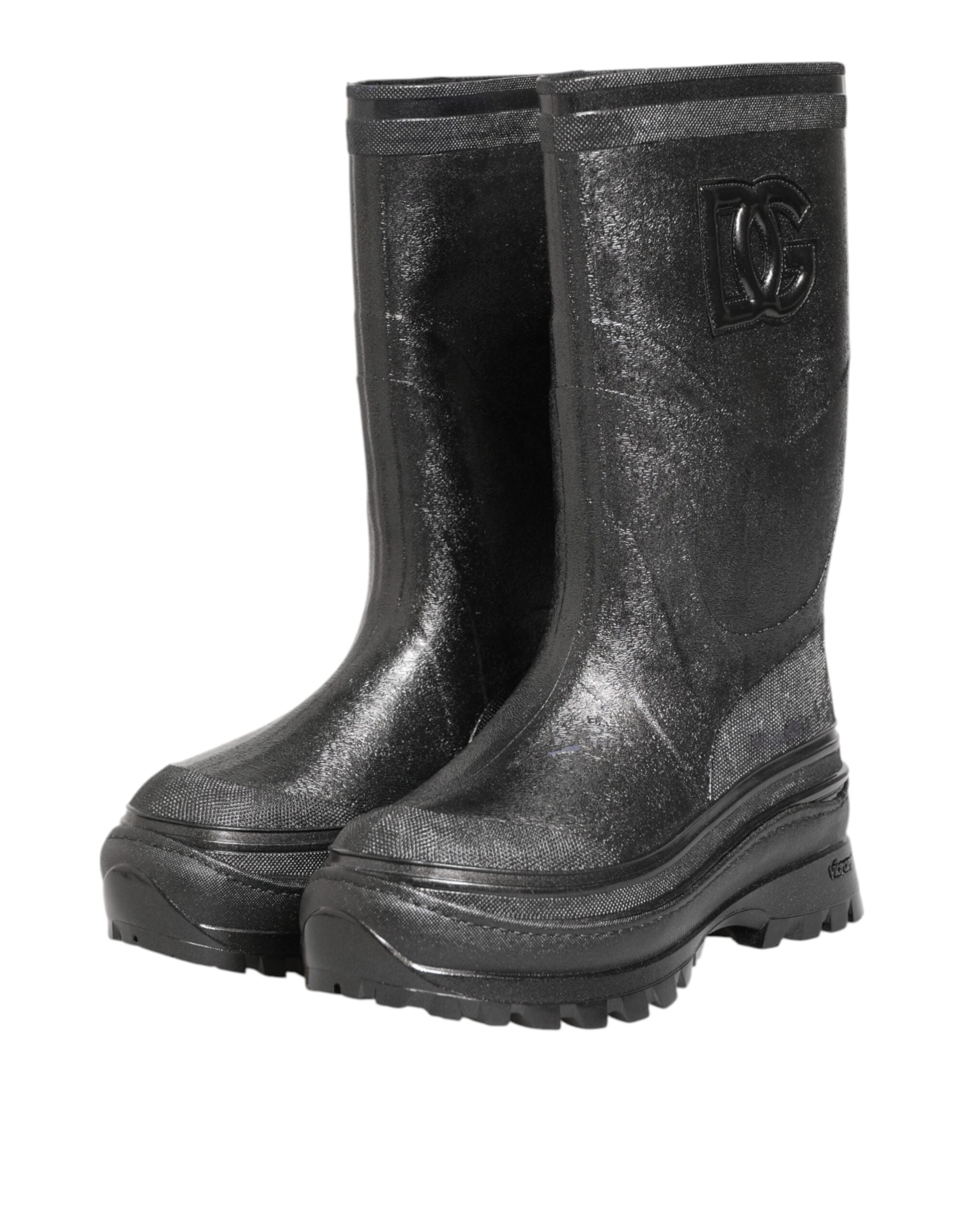 Bottes de pluie en métal gris Dolce & Gabbana, style pull-on, avec finition brillante et semelles antidérapantes.