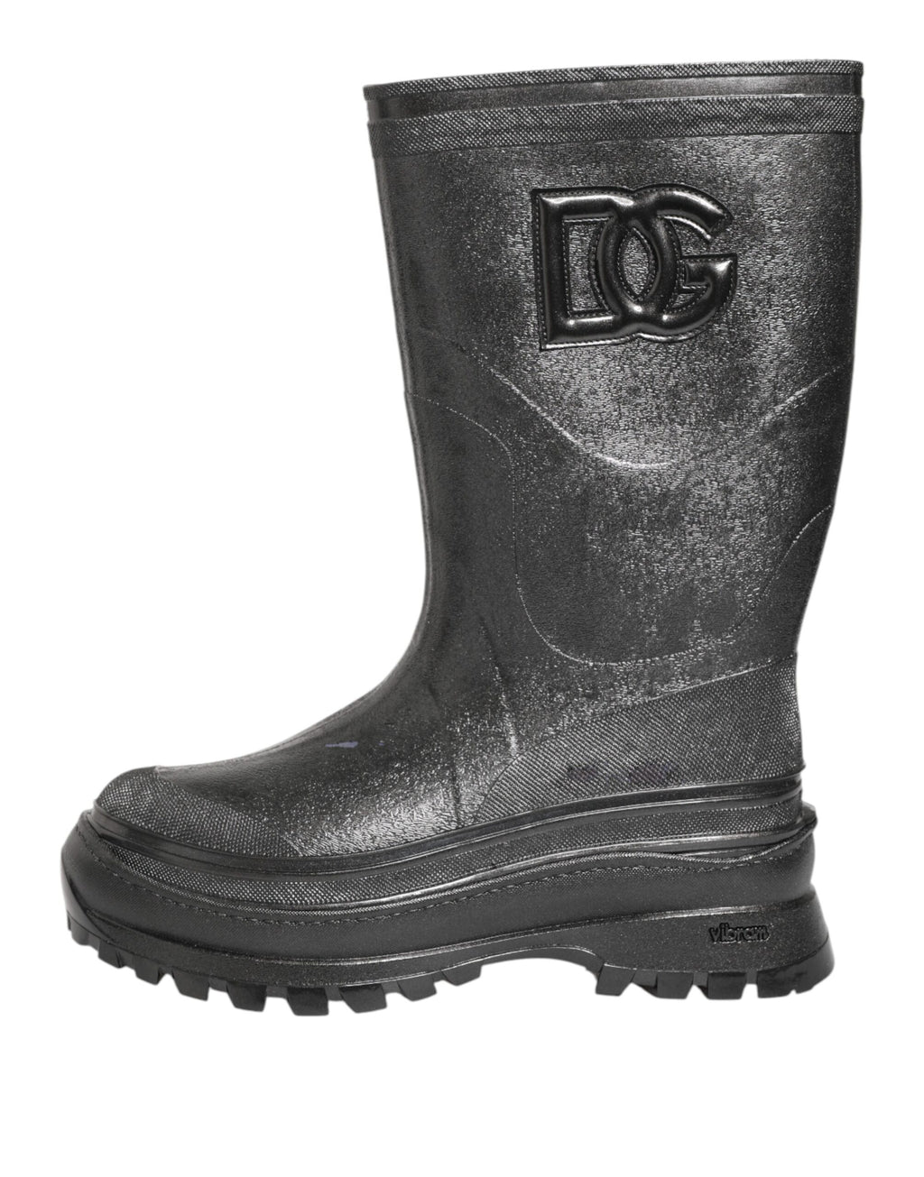 Chaussures bottes de pluie en métal gris Dolce & Gabbana, faciles à enfiler, avec finition brillante et semelle antidérapante.