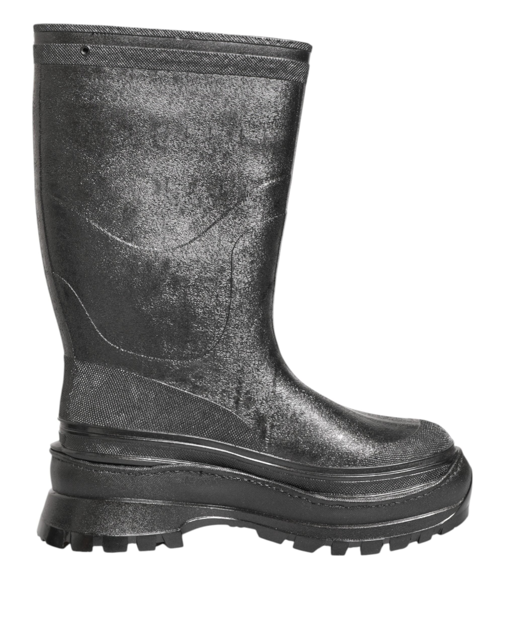 Bottes de pluie métalliques grises Dolce & Gabbana à enfiler, en caoutchouc brillant, pour un style élégant et pratique.