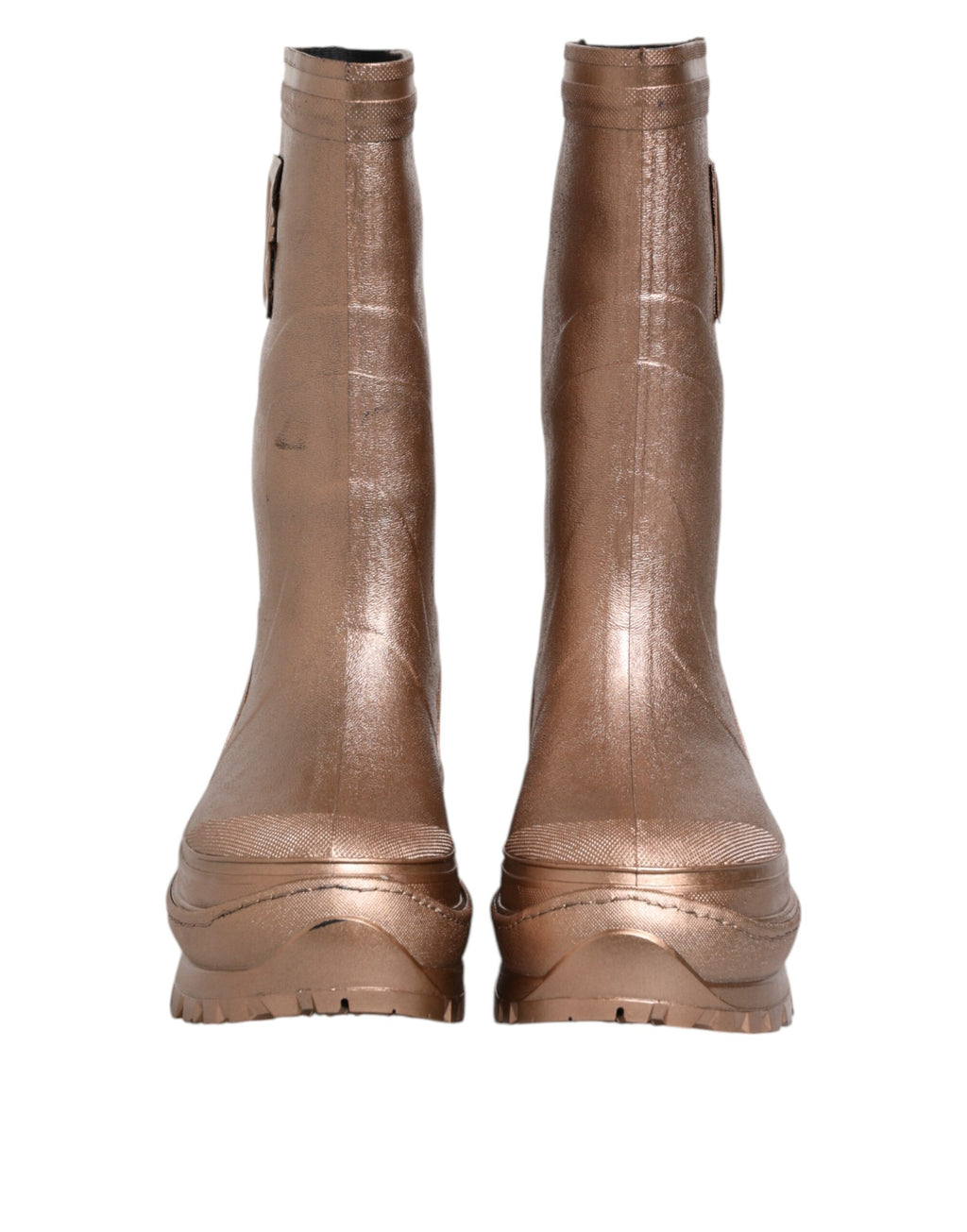 Bottes de pluie dorées métalliques Dolce & Gabbana à enfiler, en caoutchouc brillant, pour un style élégant et protecteur.