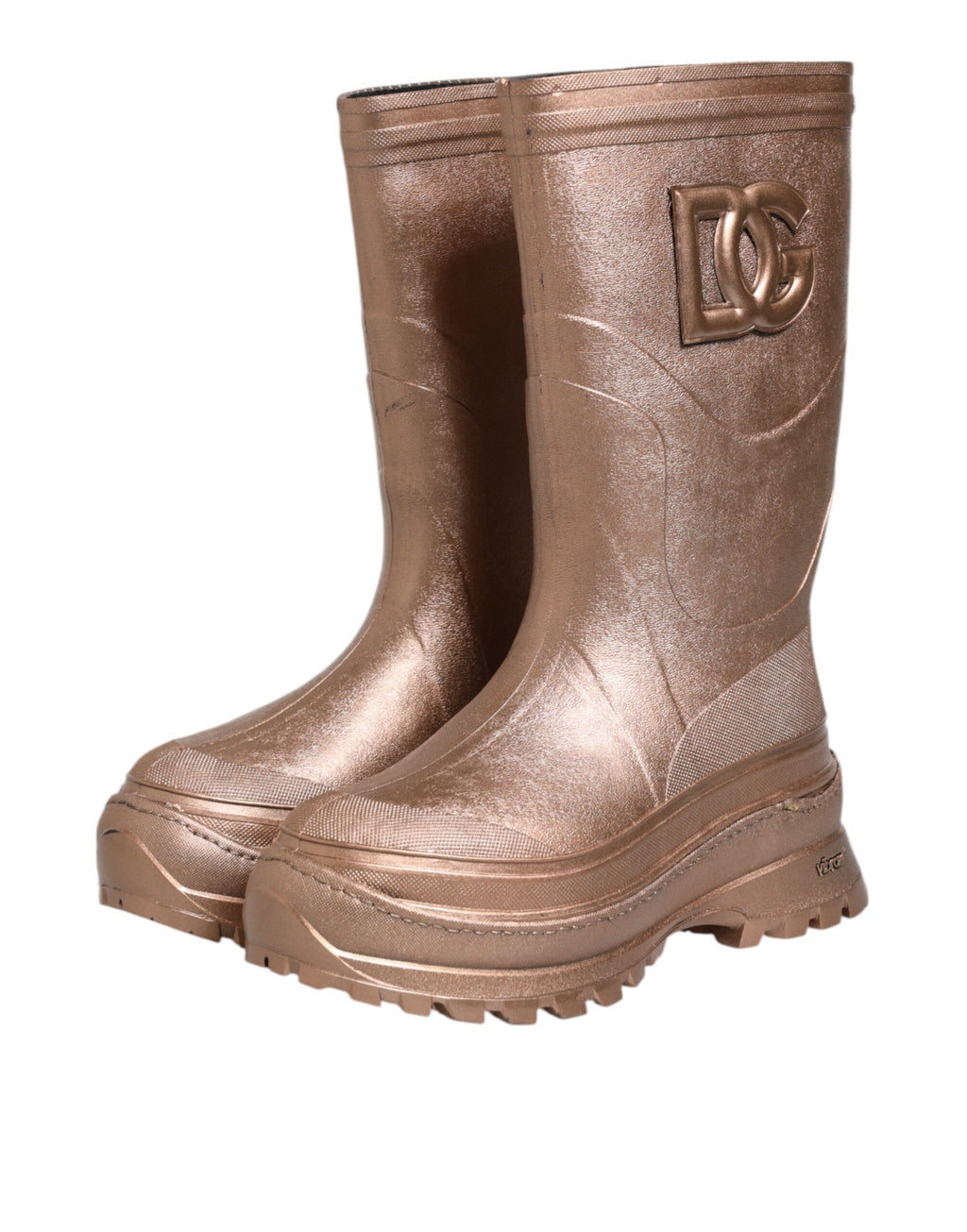 Bottes de pluie dorées métalliques Dolce & Gabbana à enfiler, en caoutchouc brillant, avec semelle antidérapante.