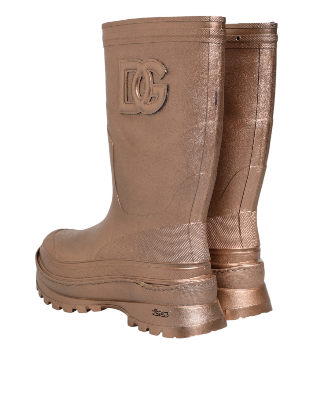 Bottes de pluie dorées métalliques Dolce & Gabbana à enfiler, en caoutchouc avec semelle antidérapante.
