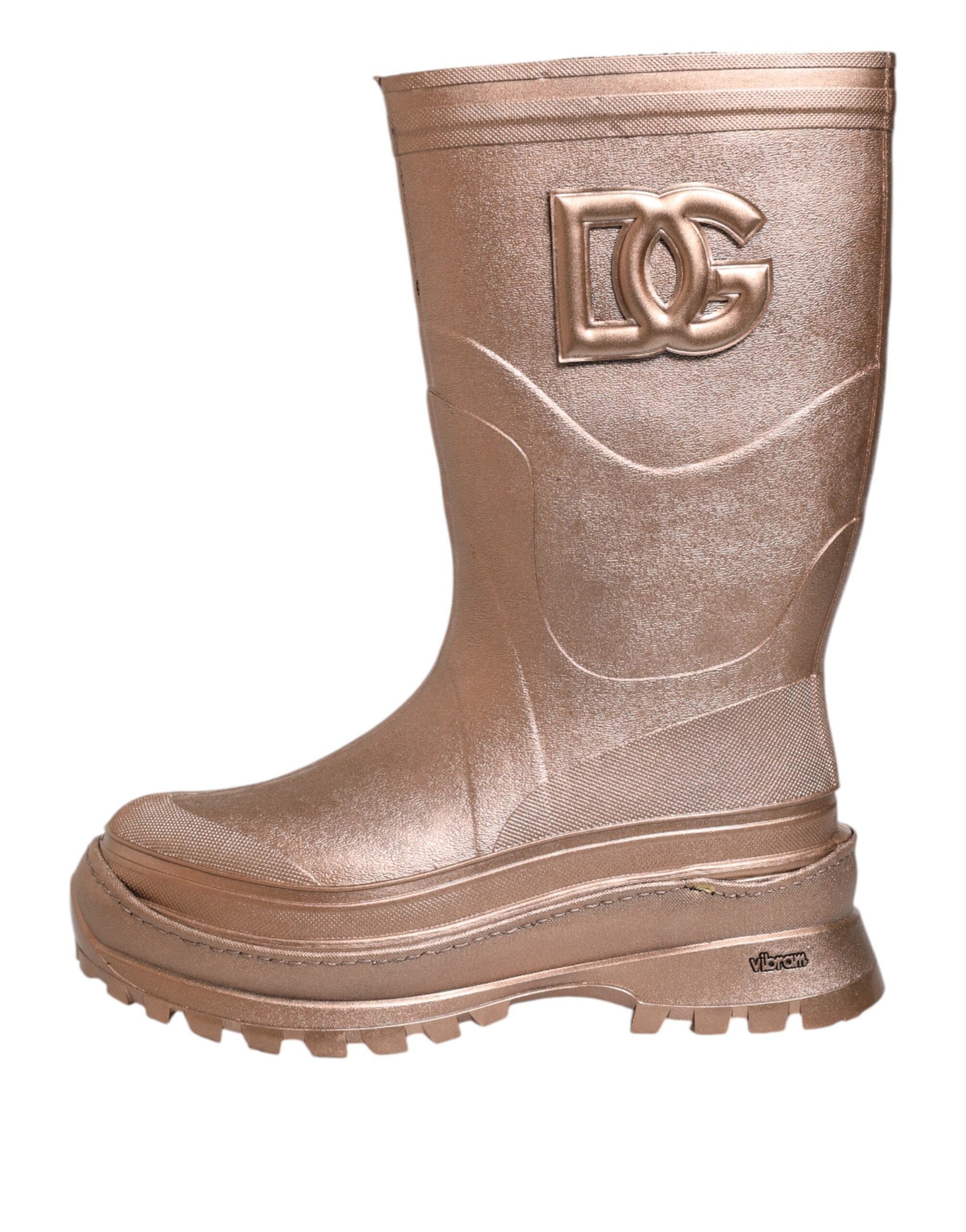 Bottes de pluie dorées métalliques Dolce & Gabbana à enfiler, élégantes et brillantes, parfaites pour un look tendance.