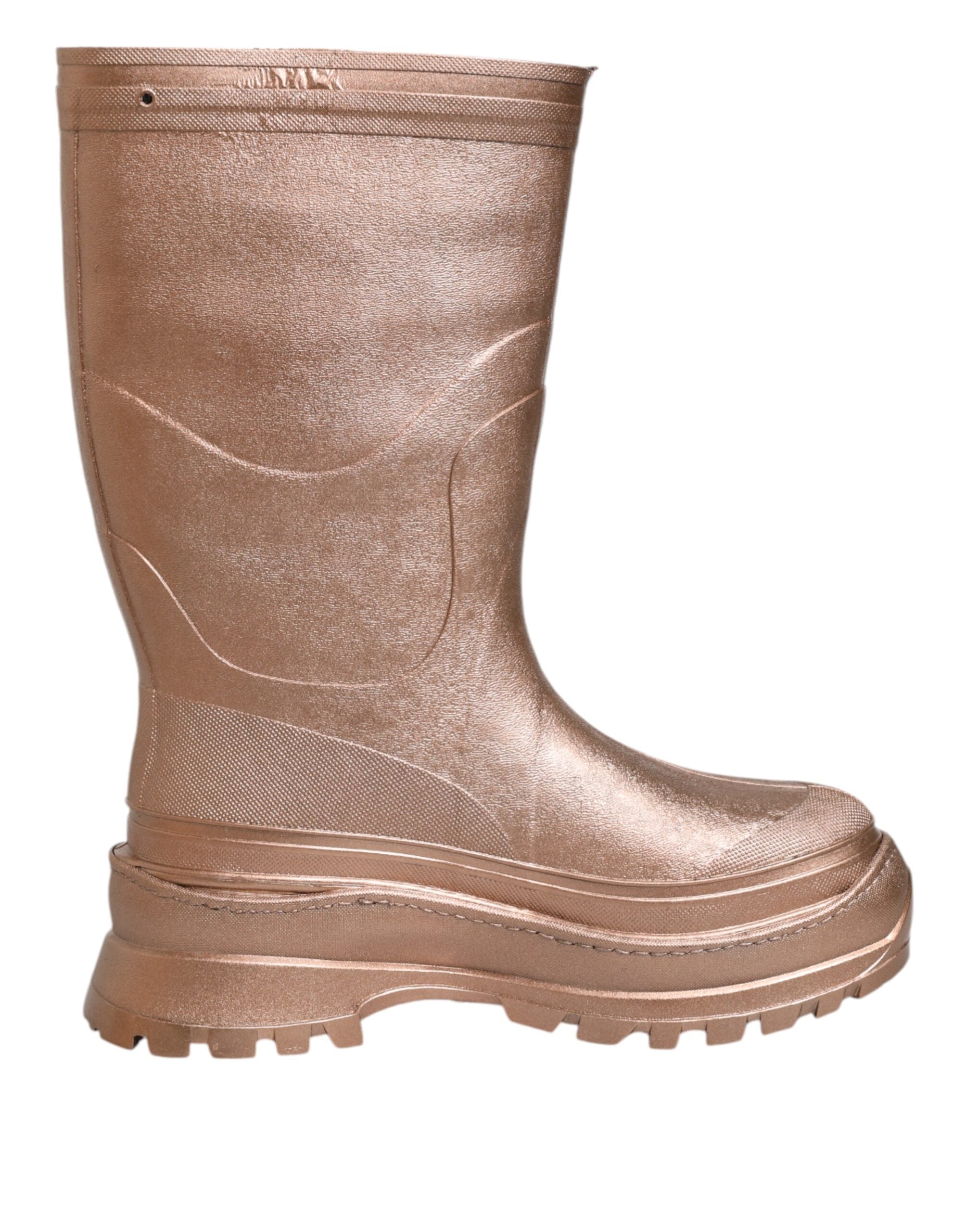 Bottes de pluie dorées métalliques Dolce & Gabbana à enfiler, élégantes et brillantes, pour un style sophistiqué en extérieur.