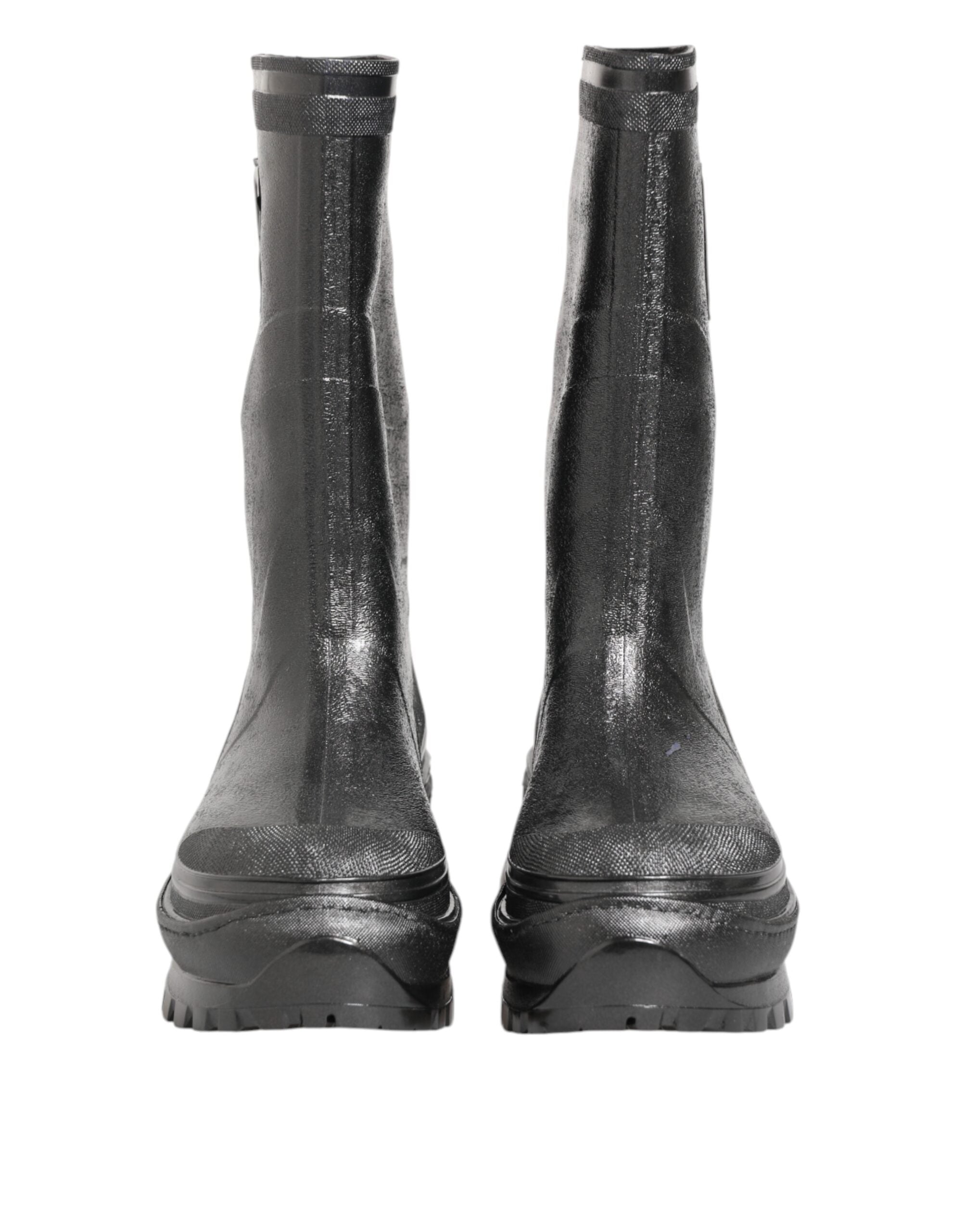 Bottes de pluie noires métalliques à enfiler Dolce & Gabbana, chaussures élégantes en caoutchouc avec finition brillante.