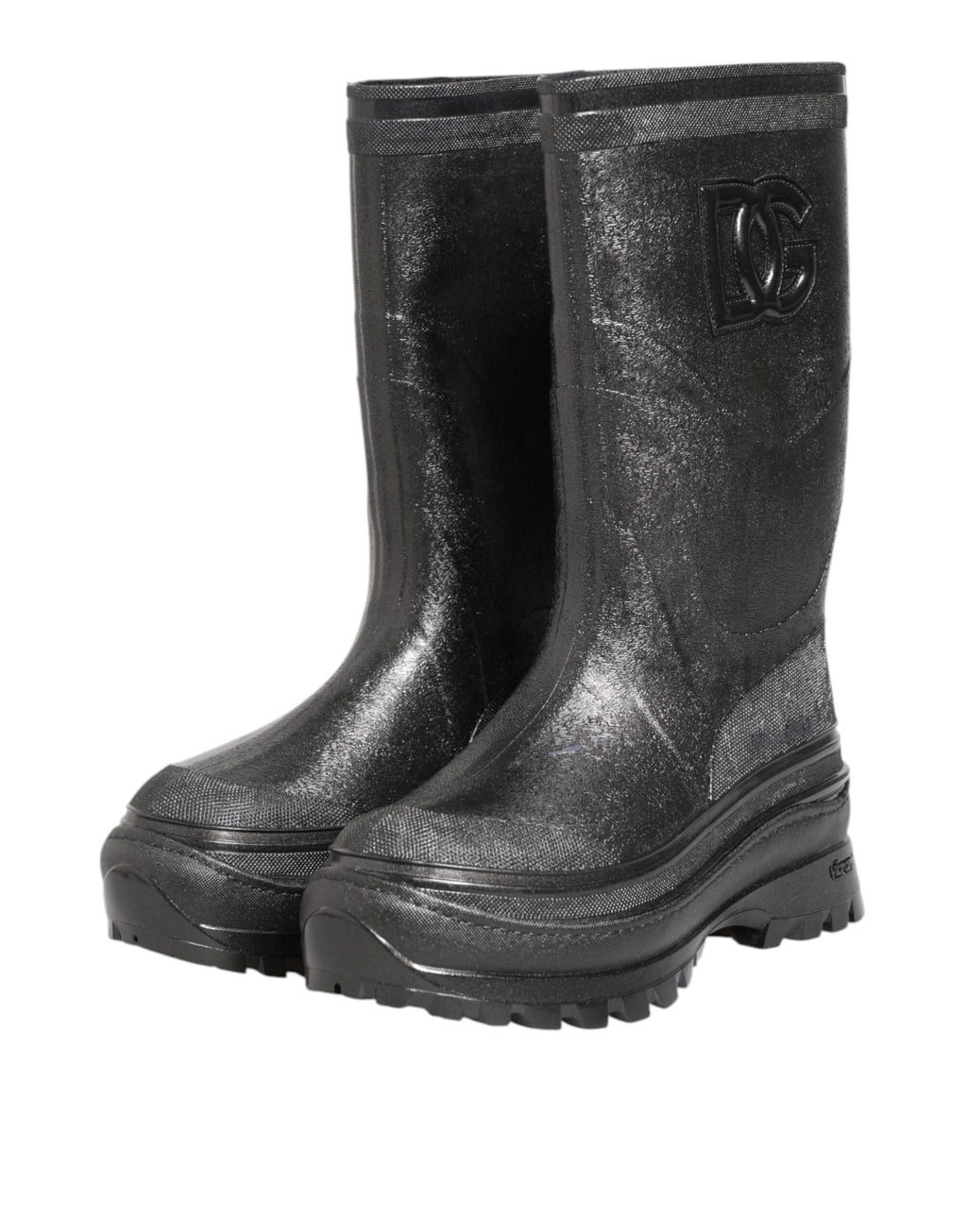 Bottes de pluie noires métalliques Dolce & Gabbana à enfiler, imperméables avec finition brillante et semelle antidérapante.