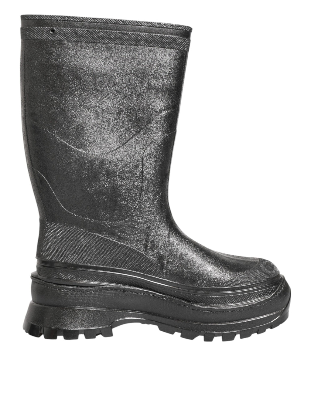 Bottes de pluie noires métalliques Dolce & Gabbana à enfiler, finition brillante et élégante, pour un style sophistiqué et pratique.