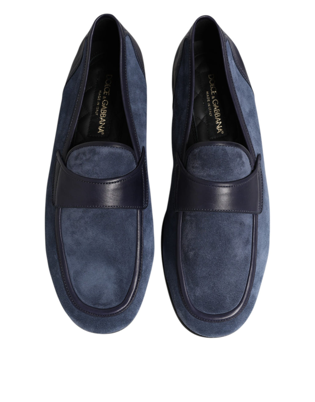 Chaussures mocassins en cuir bleu suédé Dolce & Gabbana, loafers élégants pour homme, vue de face sur fond neutre.