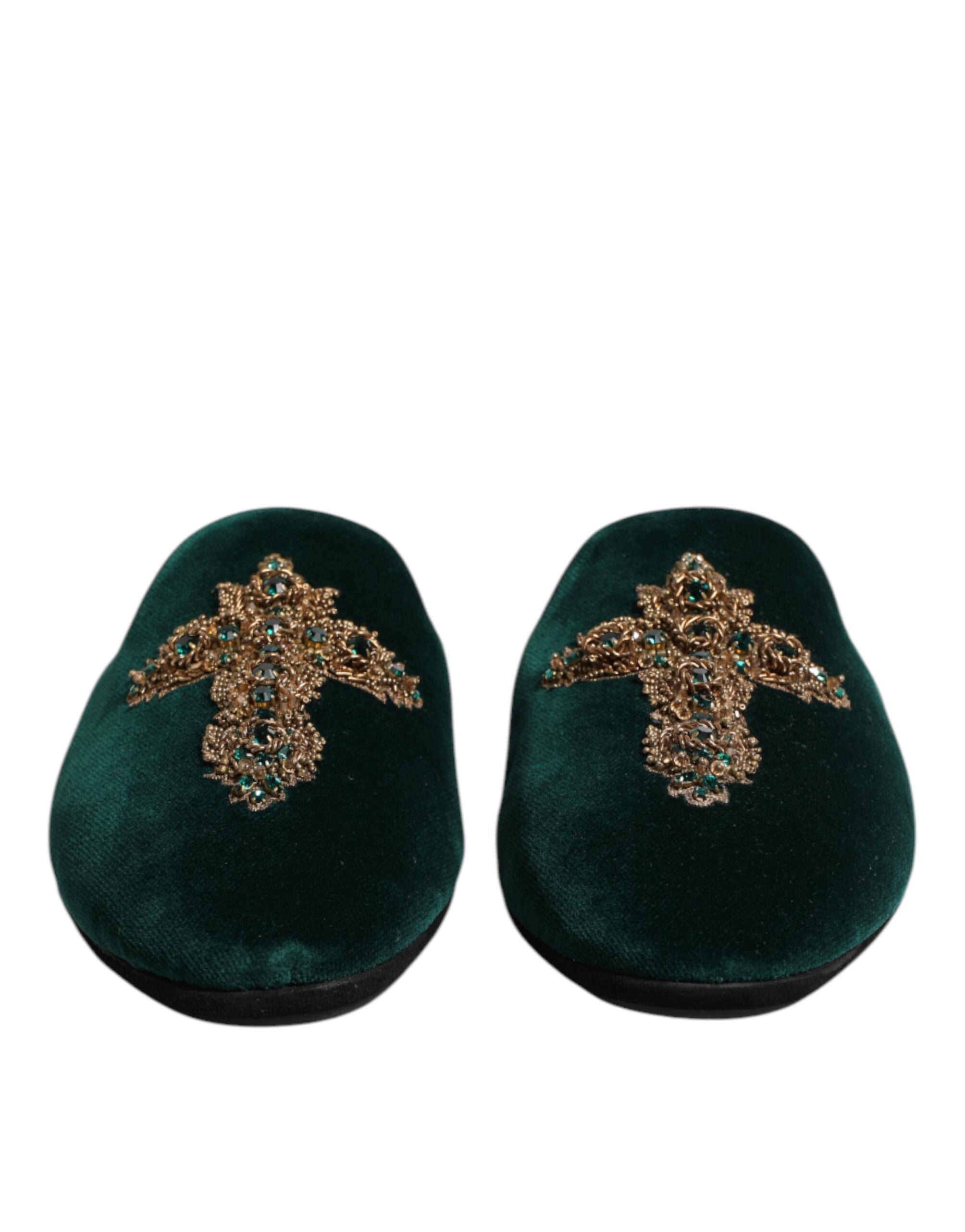 Chaussures slippers en velours vert Dolce & Gabbana avec embellissements croisés, élégantes et confortables pour hommes ou femmes