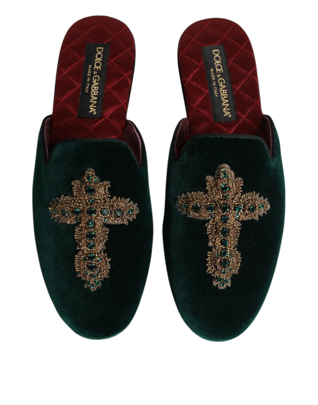 Pantoufles vert foncé Dolce & Gabbana en velours avec embellissements croisés, élégantes chaussures de maison.