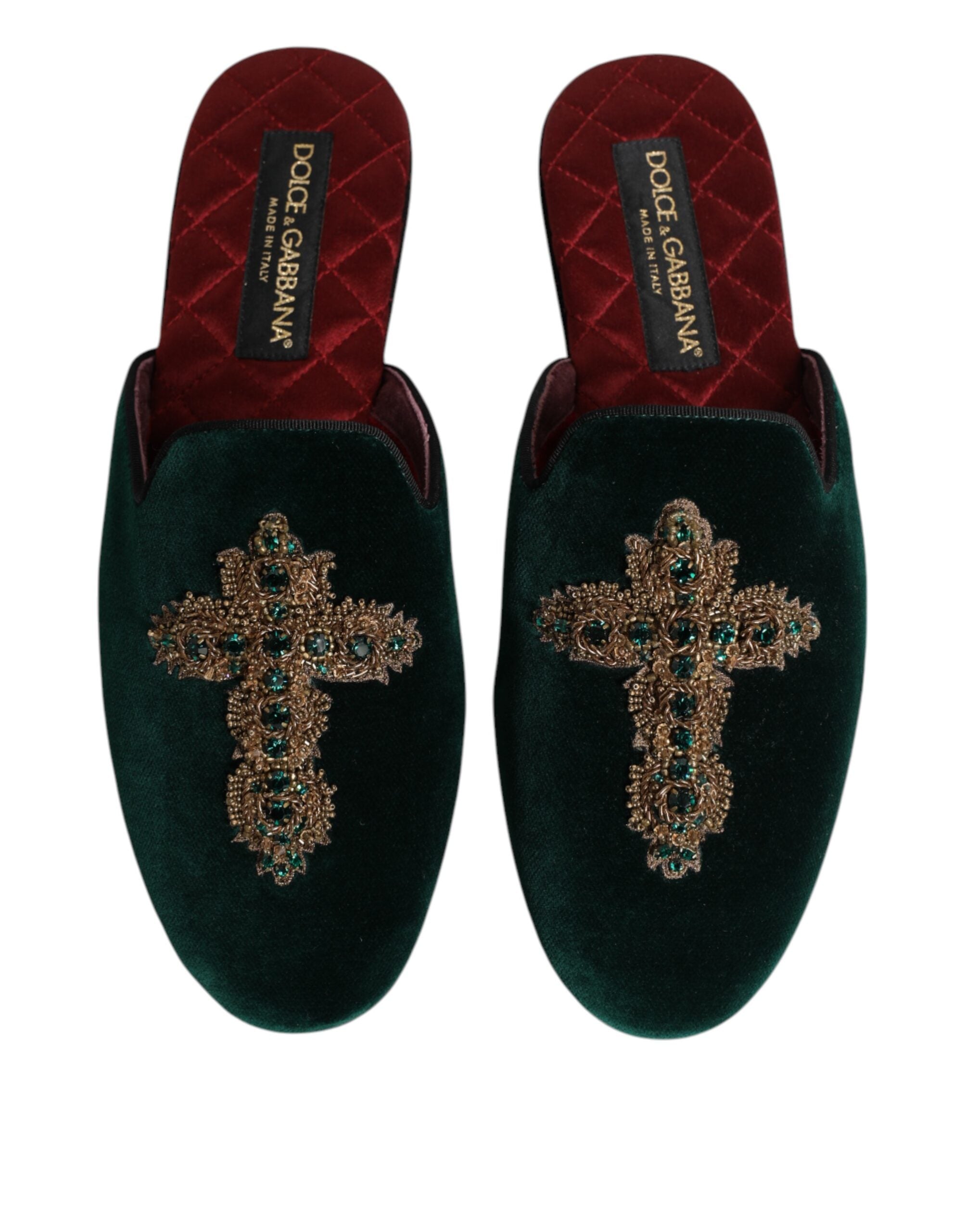 Pantoufles vert foncé Dolce & Gabbana en velours avec embellissements croisés, élégantes chaussures de maison.