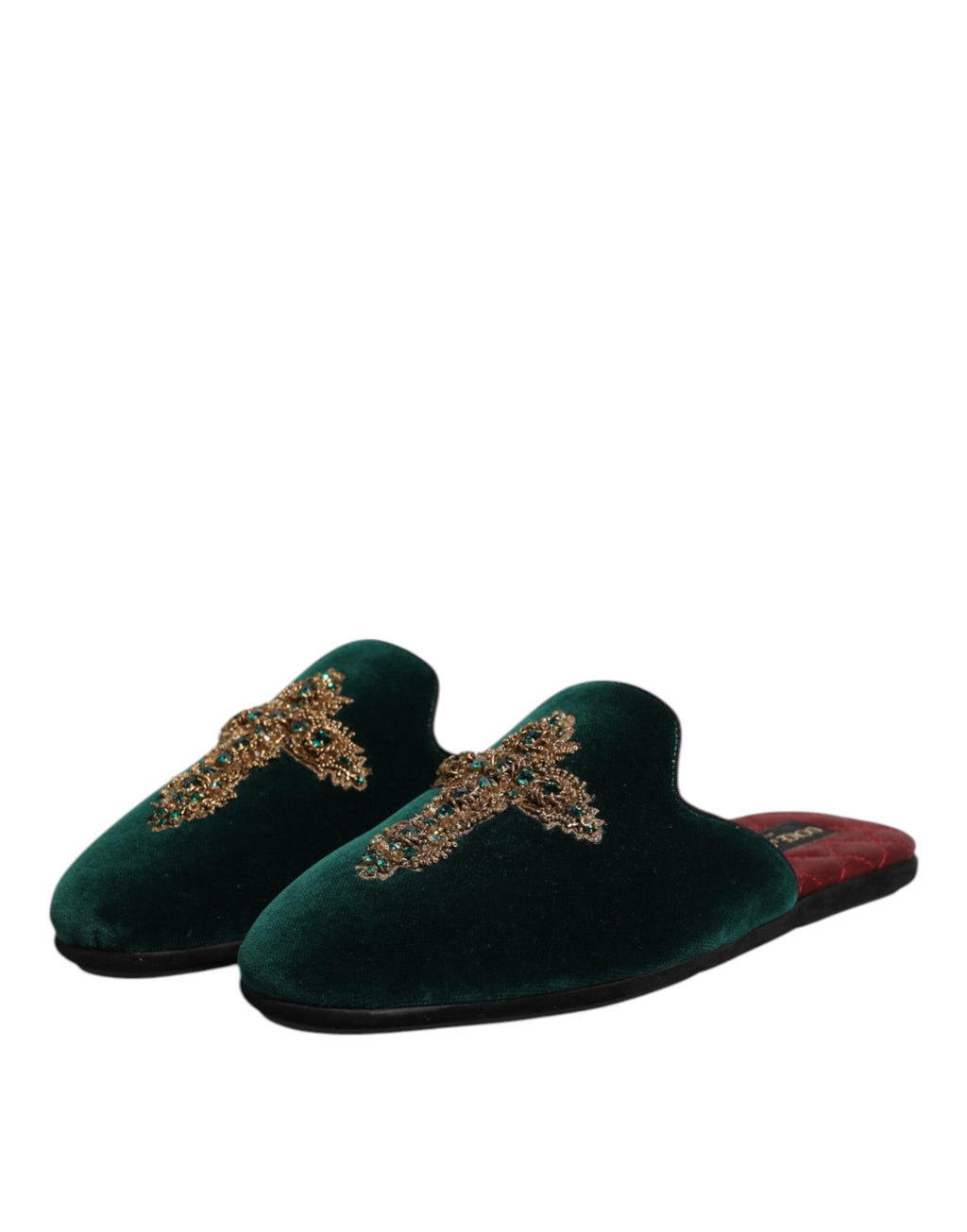 Chaussures slippers Dolce & Gabbana en velours vert avec embellissements croisés, élégantes et confortables.
