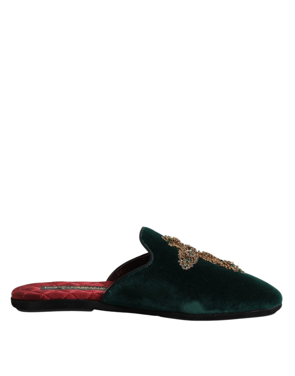 Chaussures slippers en velours vert Dolce & Gabbana avec embellissements croix, détails élégants et confortables.