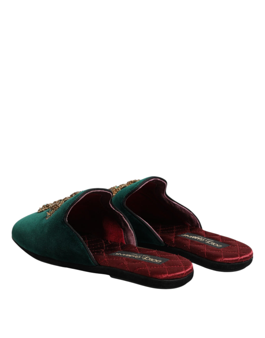 Pantoufles en velours vert Dolce & Gabbana avec embellissements croisés, chaussures élégantes et confortables.