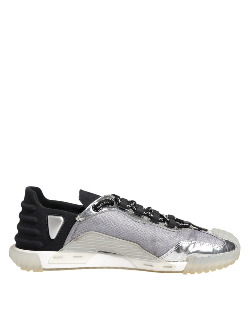 Chaussures sneakers basses noires et argentées Dolce & Gabbana NS1 pour homme, vue de face sur fond blanc