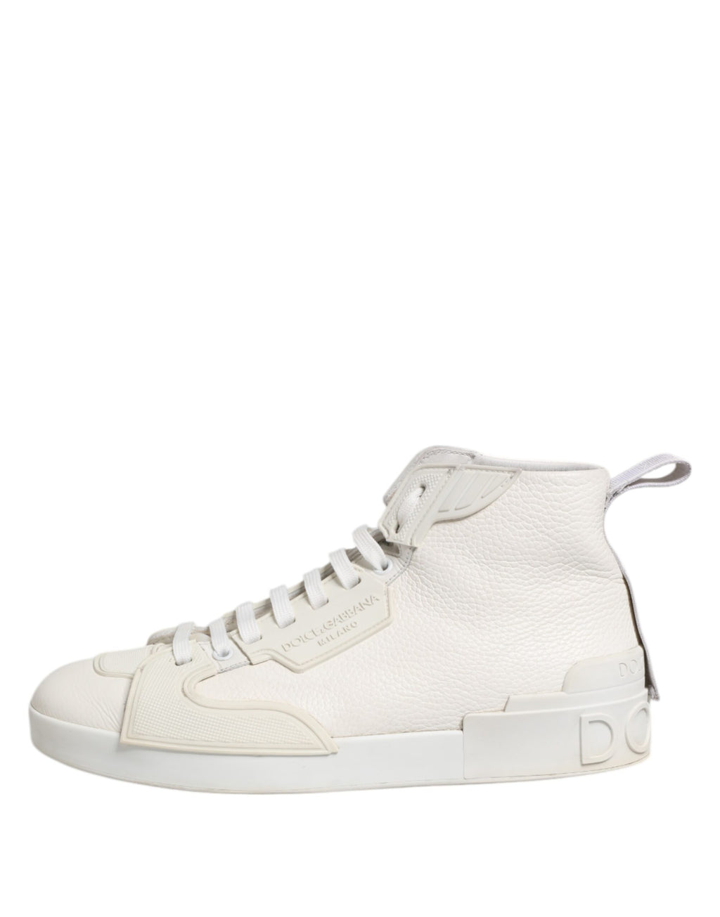 Chaussures sneakers mi-hautes en cuir blanc Dolce & Gabbana, vue de face avec détails de design modernes.