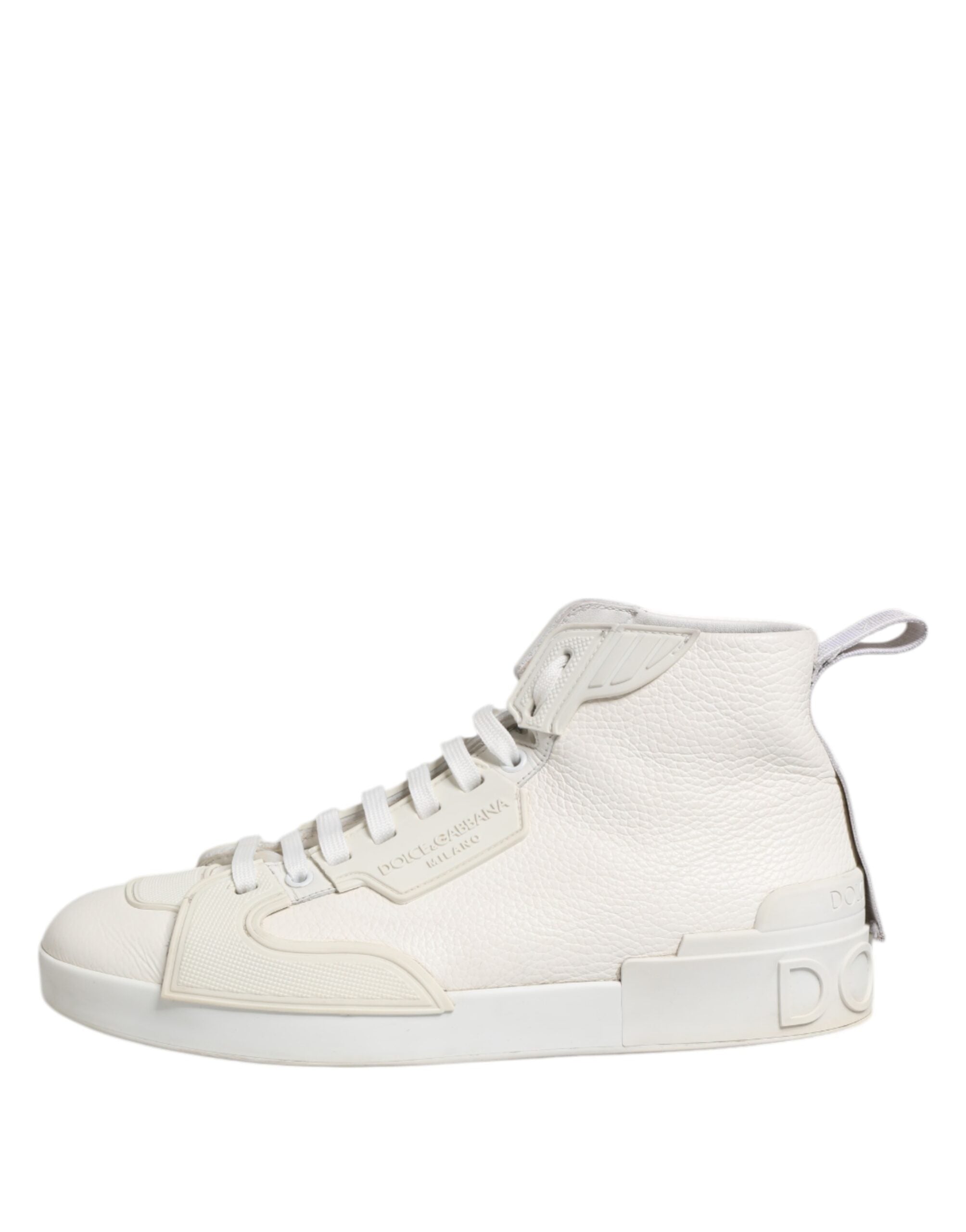 Chaussures sneakers mi-hautes en cuir blanc Dolce & Gabbana, vue de face avec détails de design modernes.