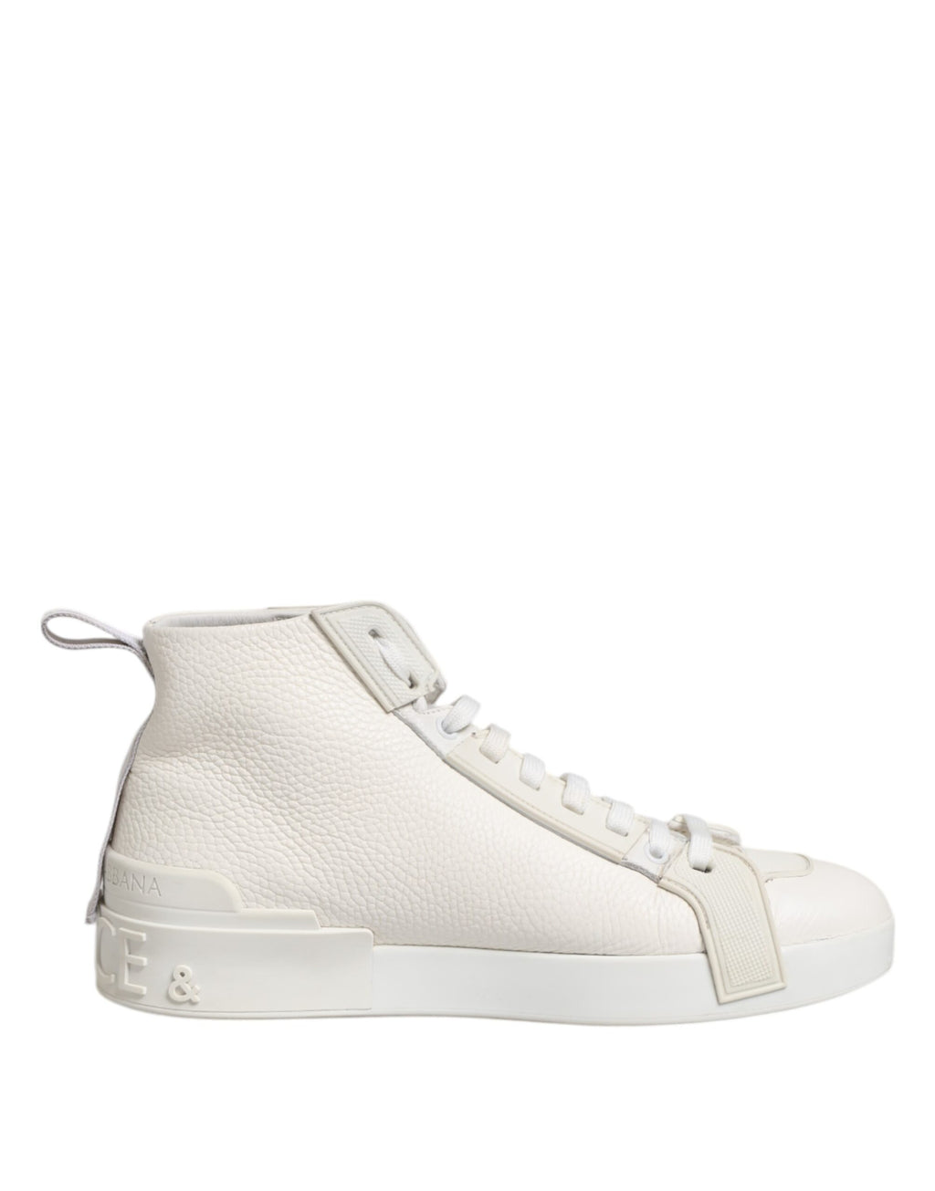 Chaussures sneakers blanches en cuir Dolce & Gabbana, baskets mi-mollet avec semelle blanche et design élégant.
